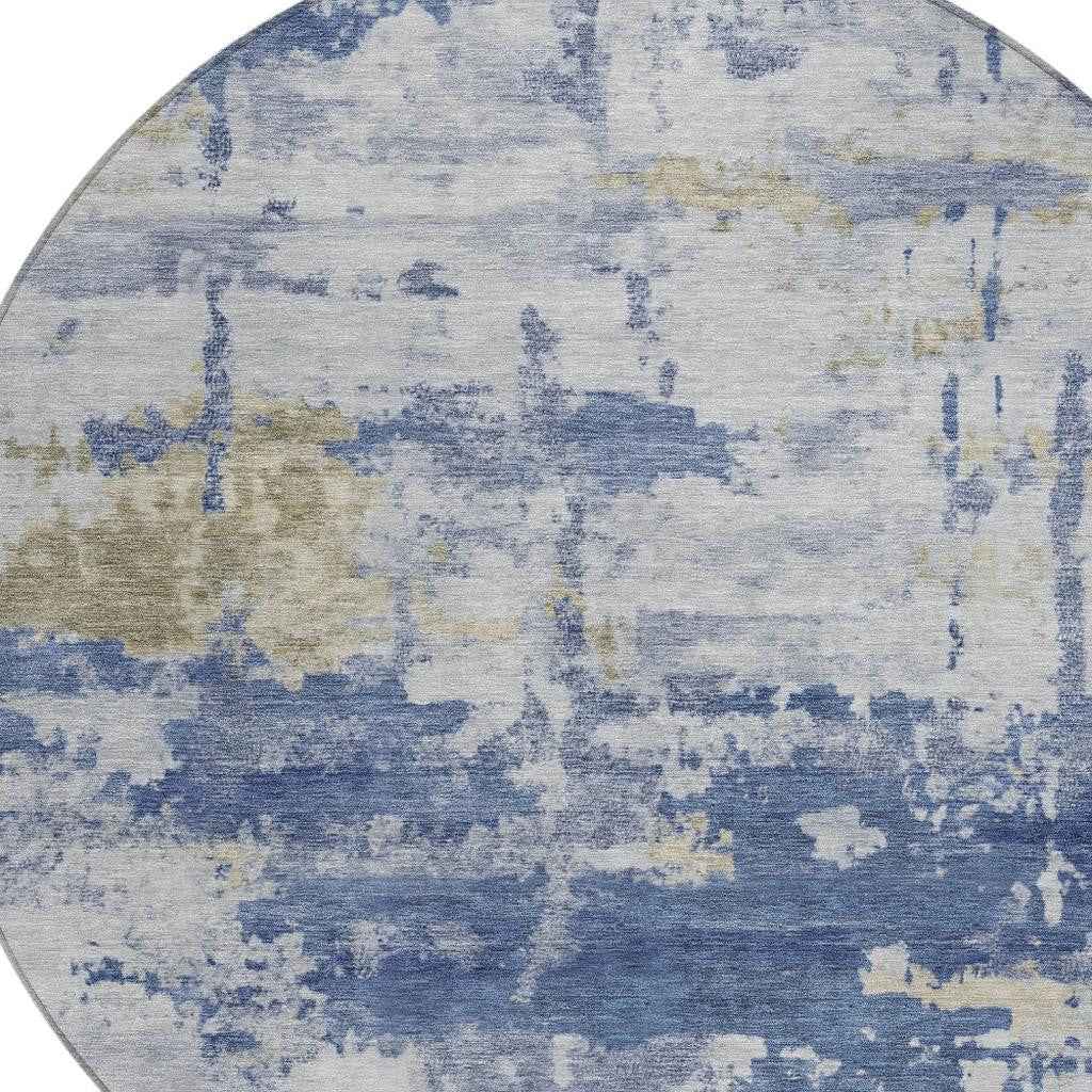 8' Navy Blue And Ivory Round Abstract Washable Indoor Outdoor Area Rug
