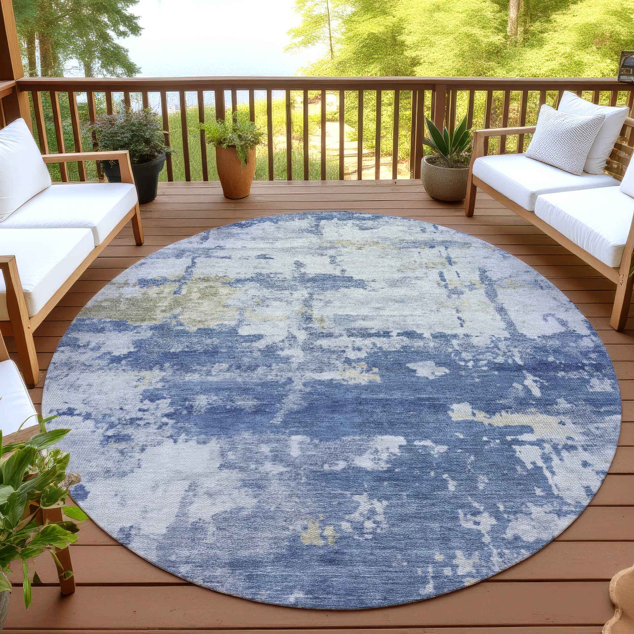 8' Navy Blue And Ivory Round Abstract Washable Indoor Outdoor Area Rug