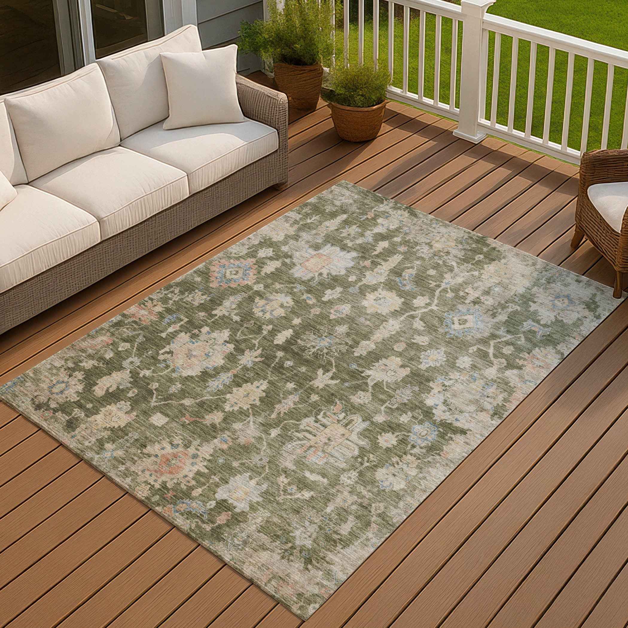 3' X 5' Olive Green Beige And Blue Floral Washable Indoor Outdoor Area Rug