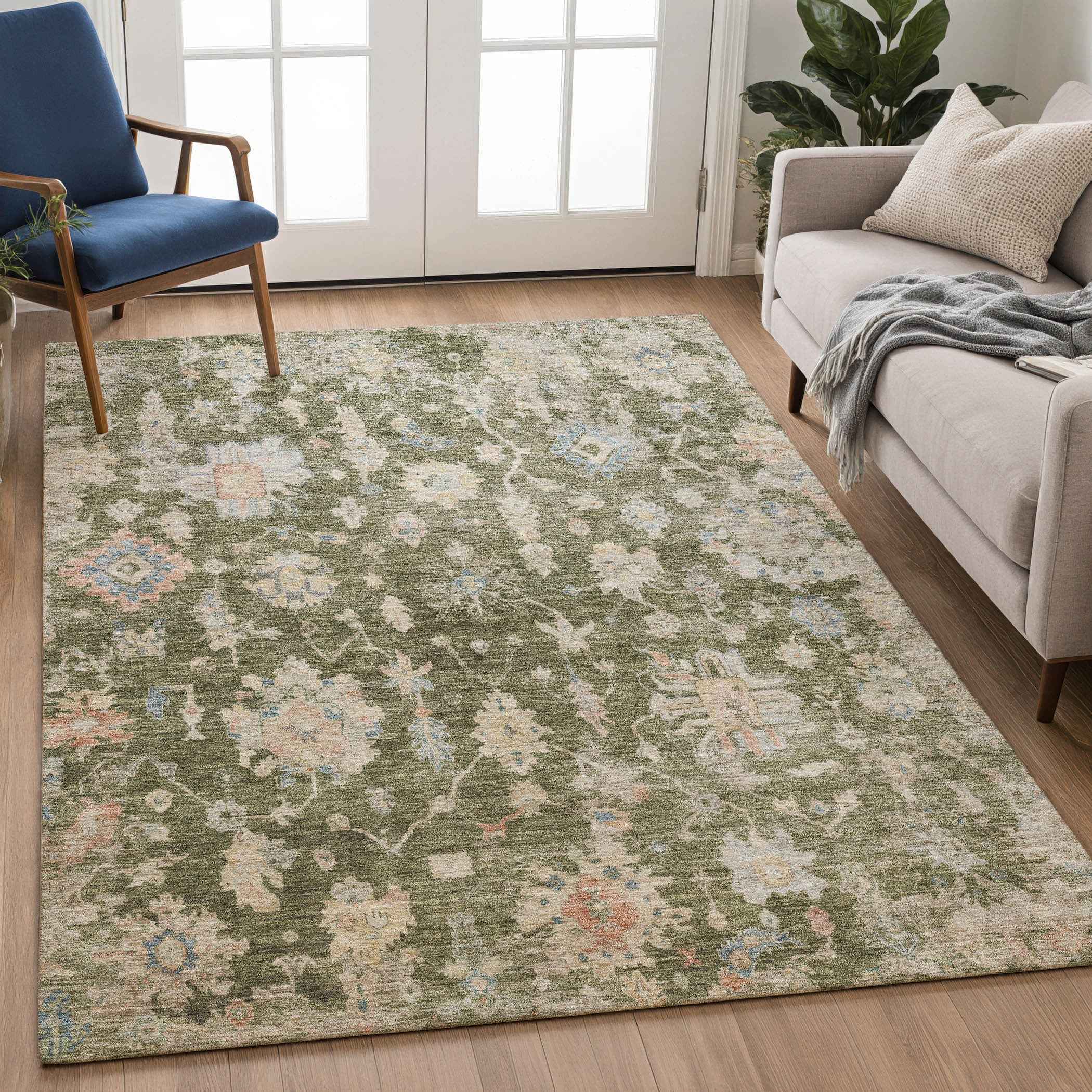 3' X 5' Olive Green Beige And Blue Floral Washable Indoor Outdoor Area Rug