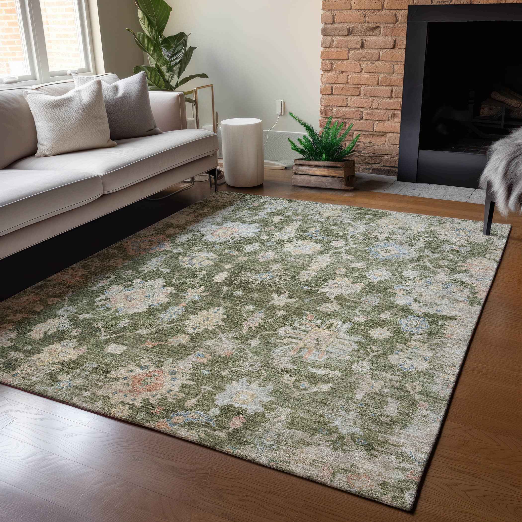 3' X 5' Olive Green Beige And Blue Floral Washable Indoor Outdoor Area Rug