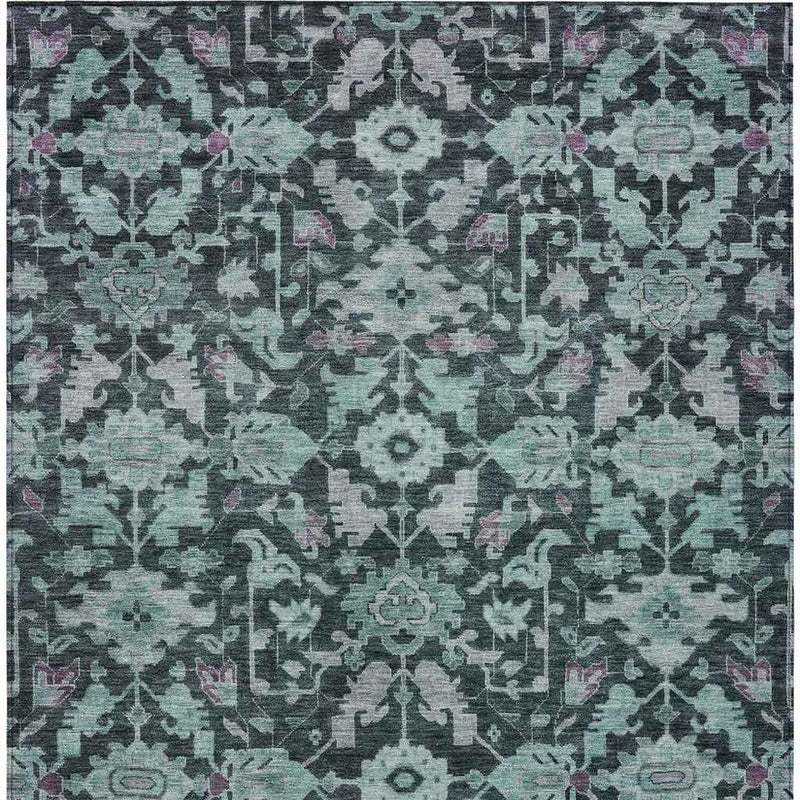 5' X 8' Teal Blue And Plum Floral Washable Indoor Outdoor Area Rug