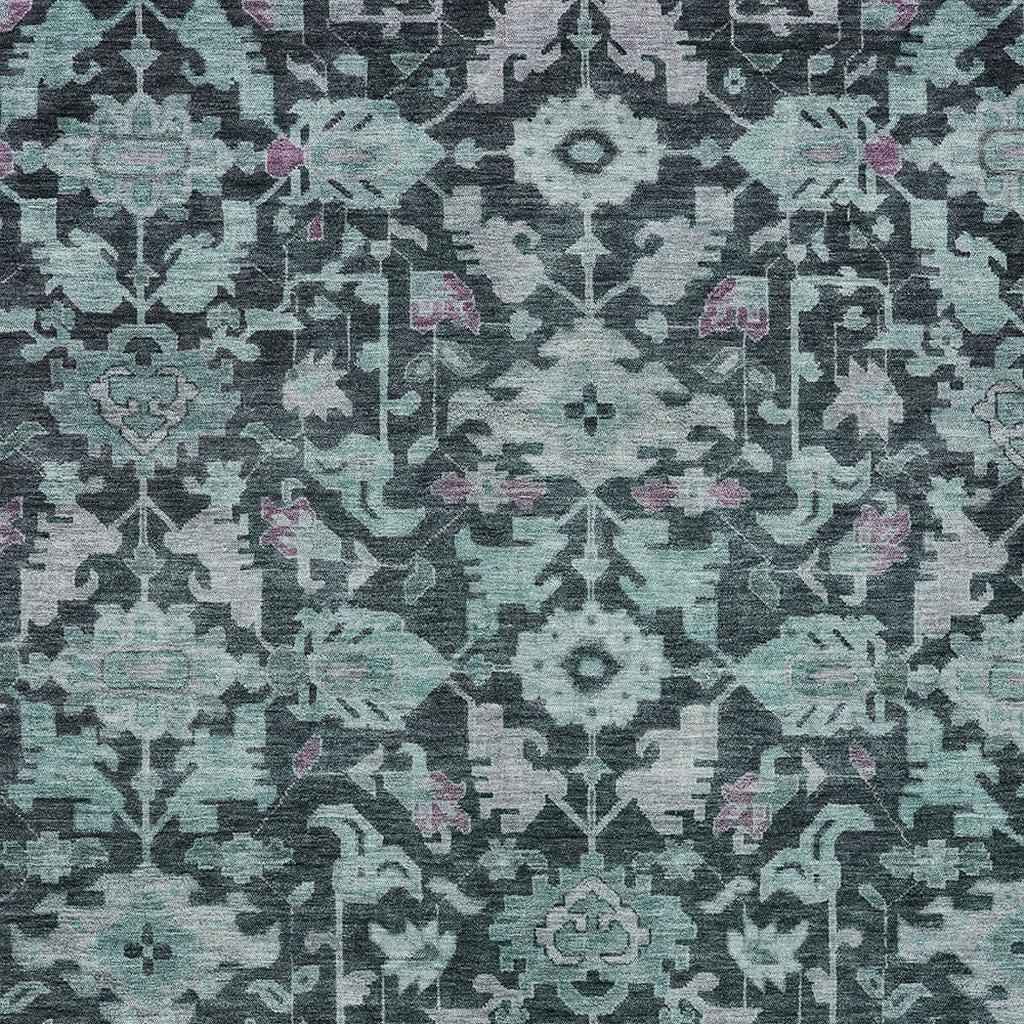 5' X 8' Teal Blue And Plum Floral Washable Indoor Outdoor Area Rug