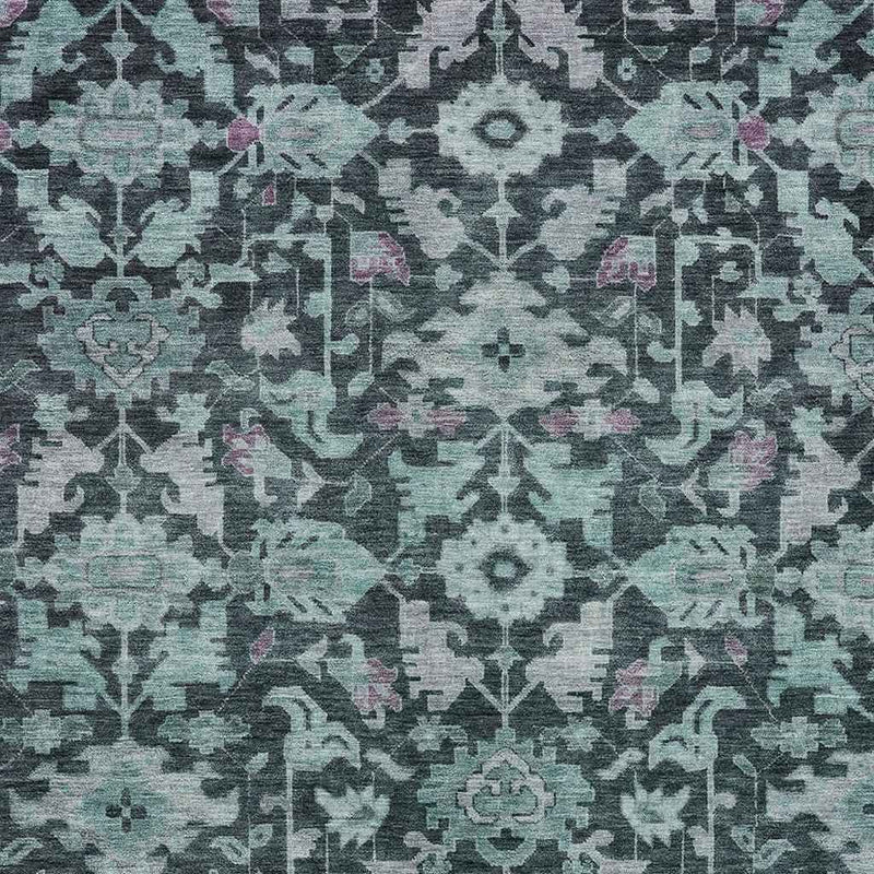 5' X 8' Teal Blue And Plum Floral Washable Indoor Outdoor Area Rug