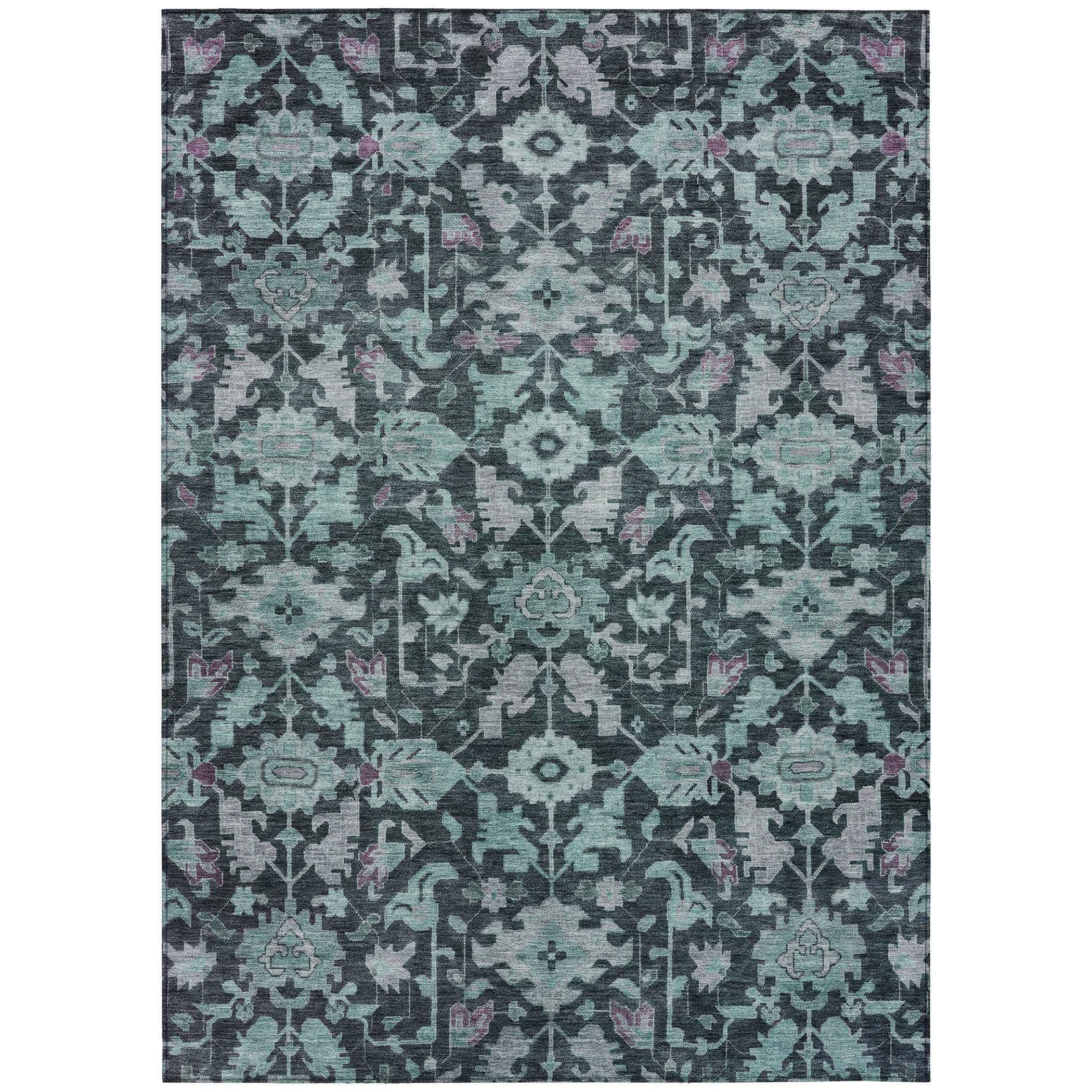 5' X 8' Teal Blue And Plum Floral Washable Indoor Outdoor Area Rug