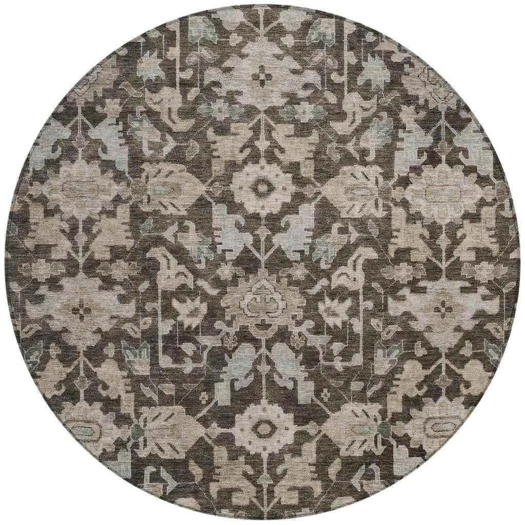 8' Chocolate And Gray Round Floral Washable Indoor Outdoor Area Rug
