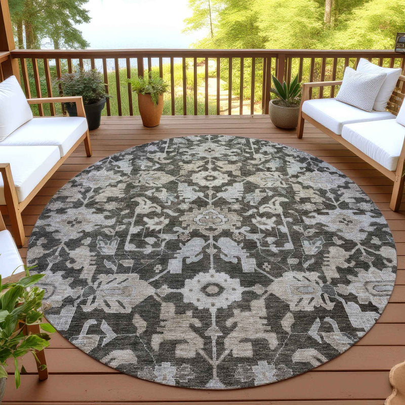 8' Chocolate And Gray Round Floral Washable Indoor Outdoor Area Rug