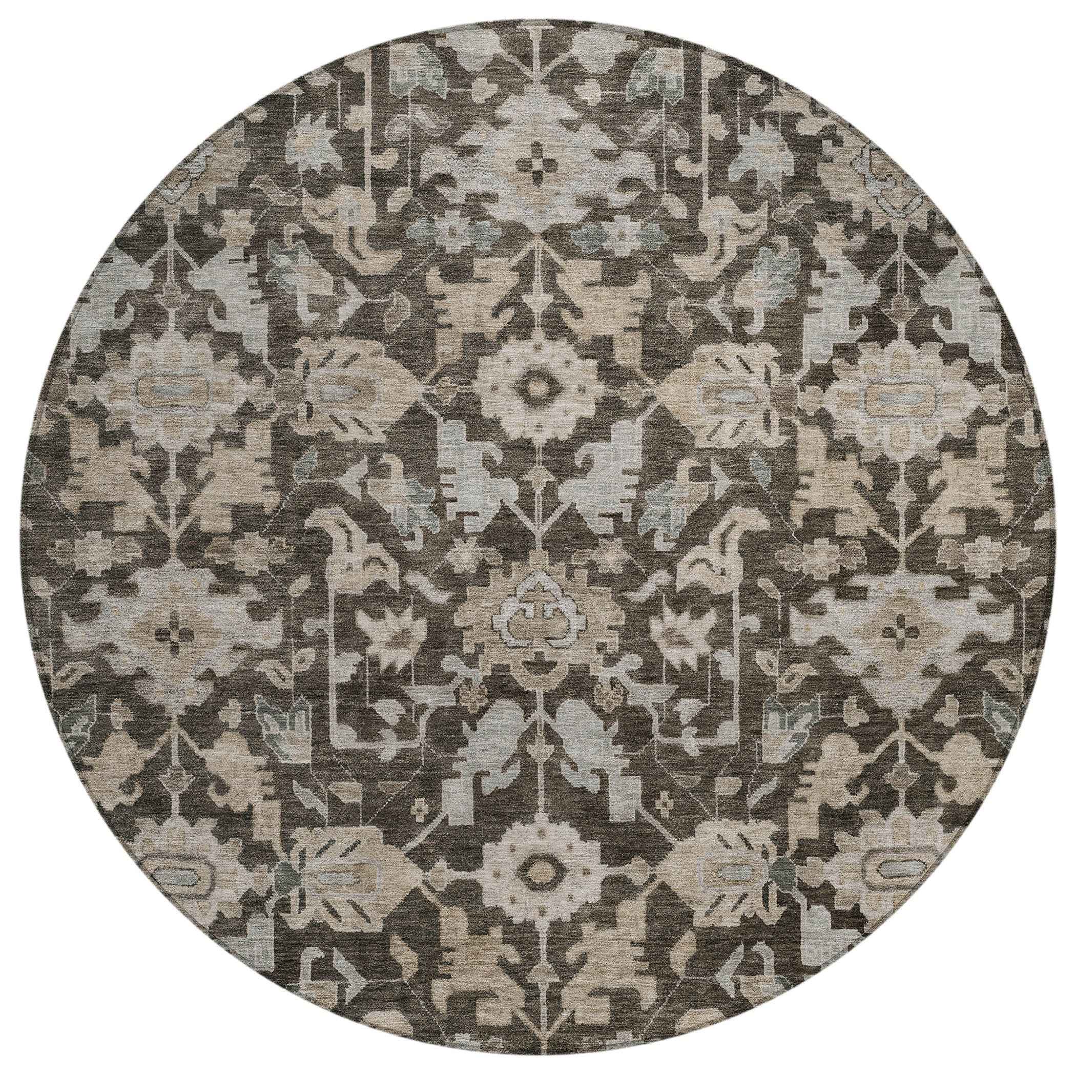 8' Chocolate And Gray Round Floral Washable Indoor Outdoor Area Rug
