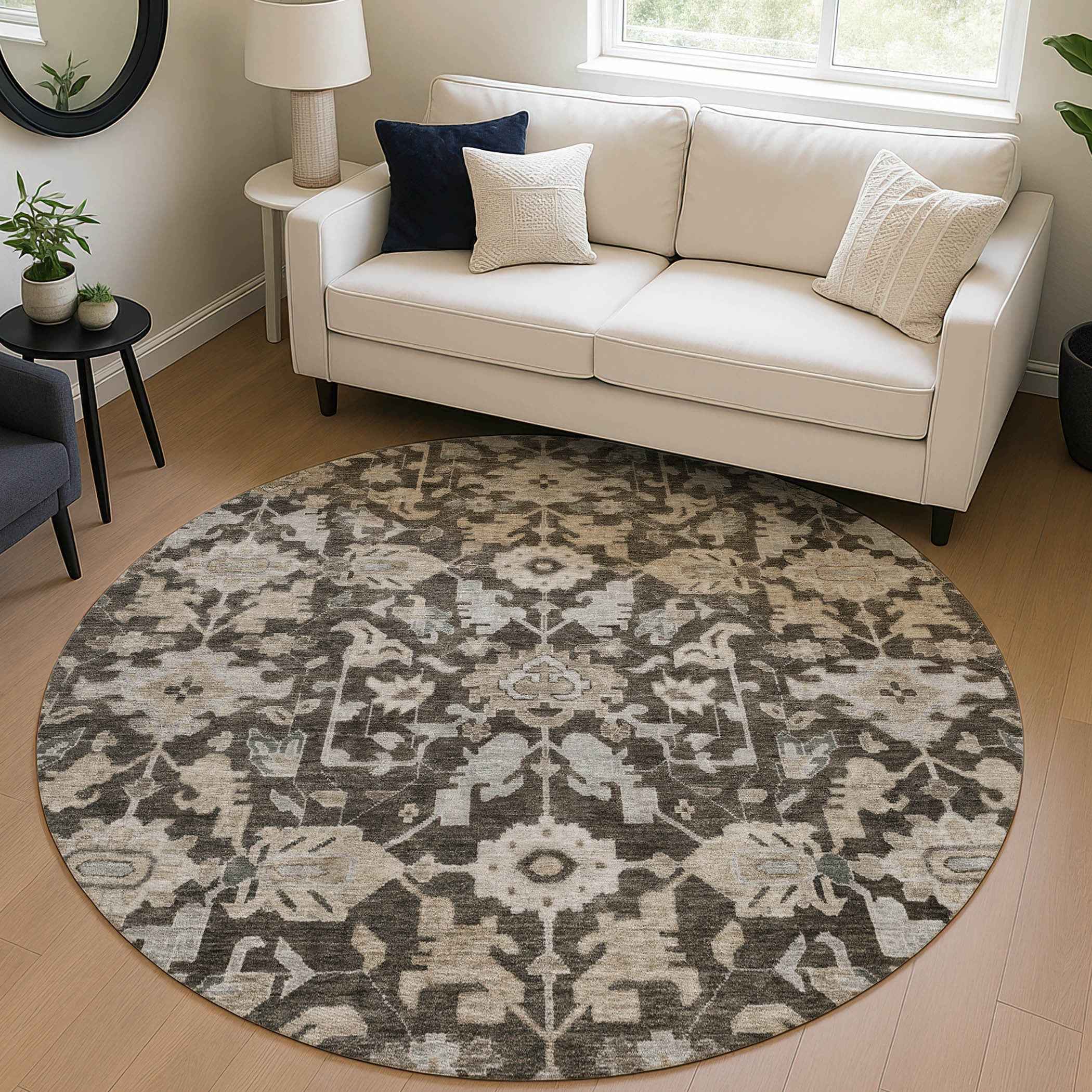 8' Chocolate And Gray Round Floral Washable Indoor Outdoor Area Rug