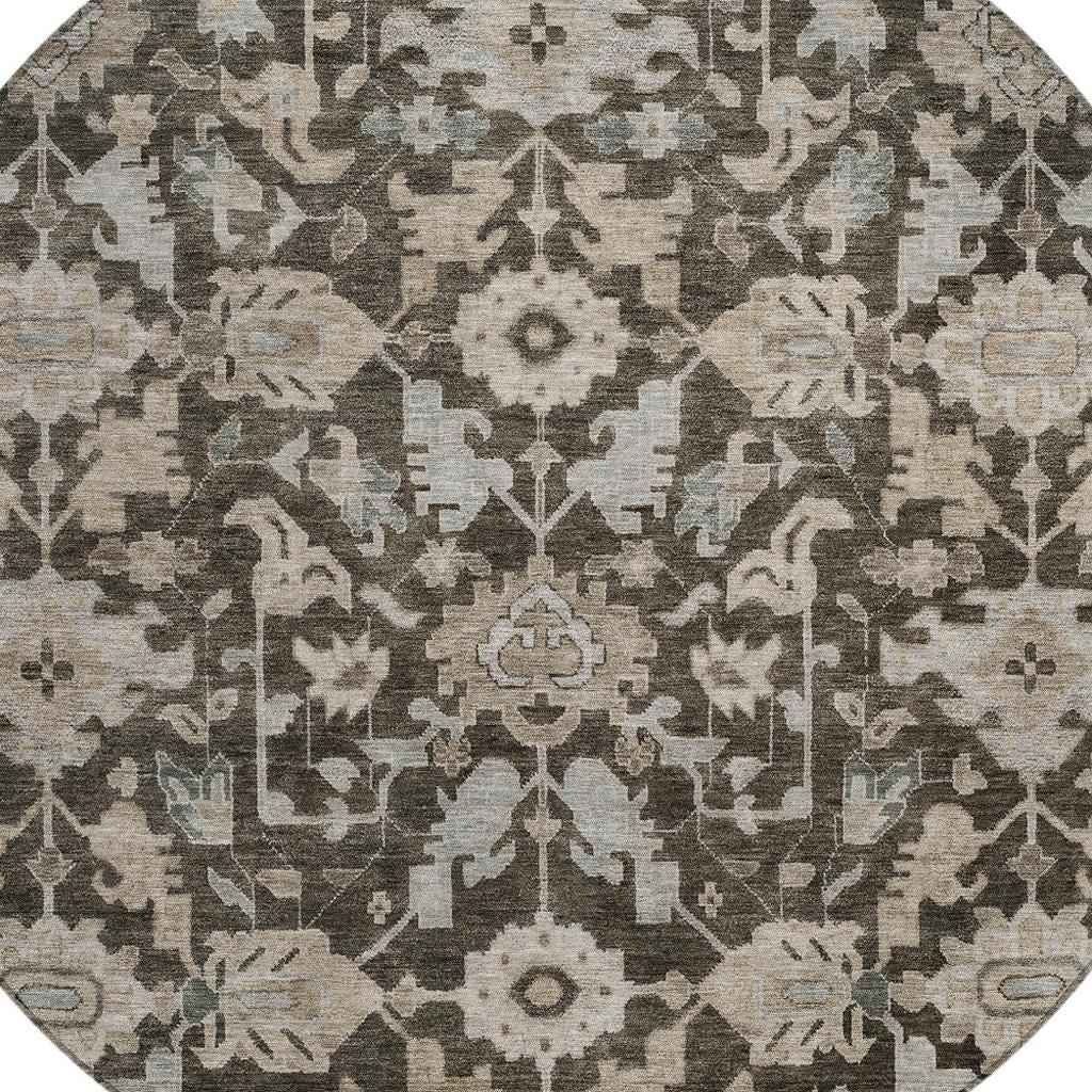8' Chocolate And Gray Round Floral Washable Indoor Outdoor Area Rug