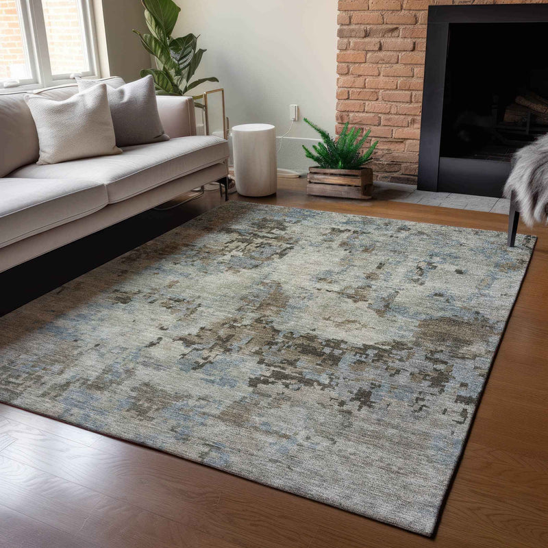 9' X 12' Beige Gray And Chocolate Abstract Washable Indoor Outdoor Area Rug