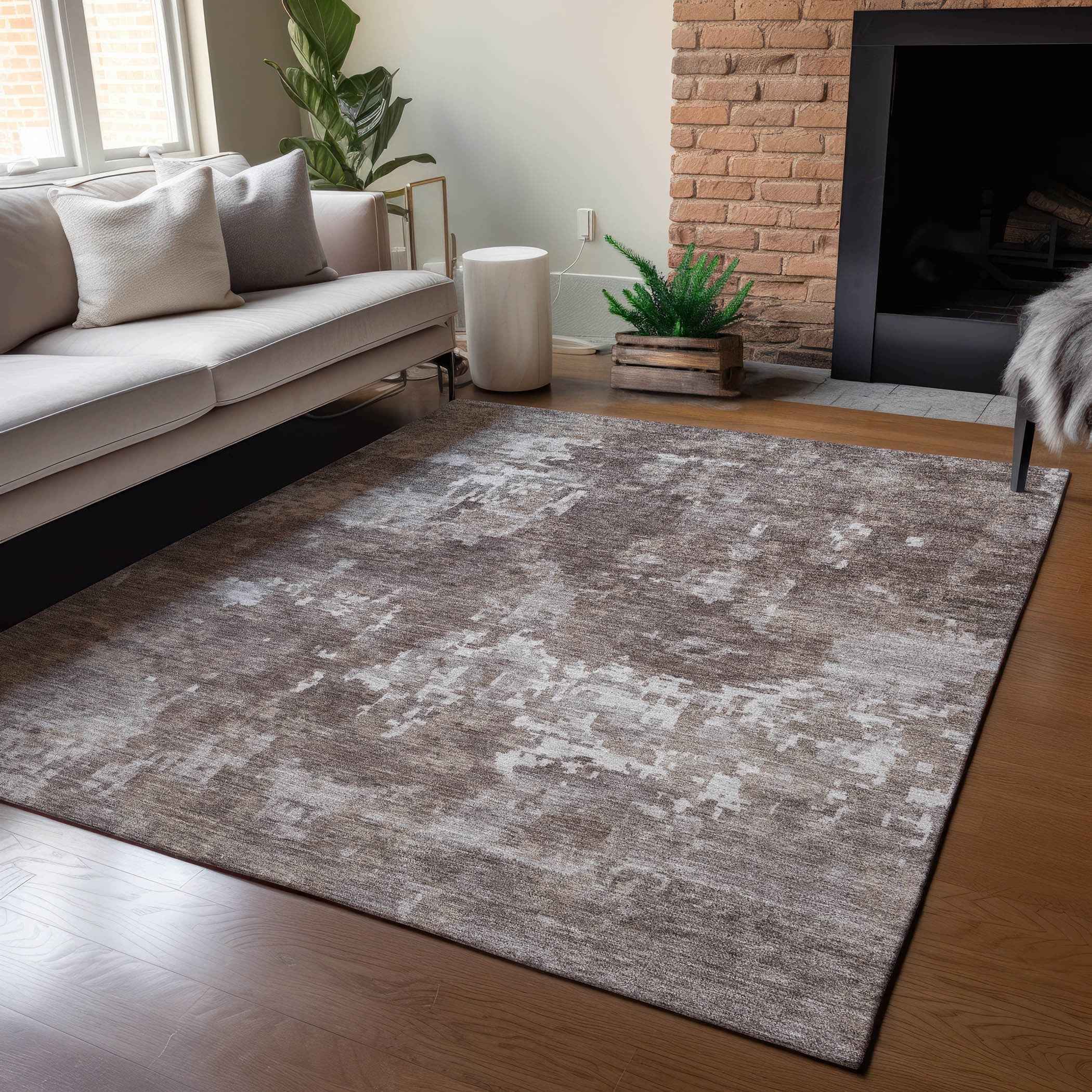 9' X 12' Brown And Ivory Abstract Washable Indoor Outdoor Area Rug