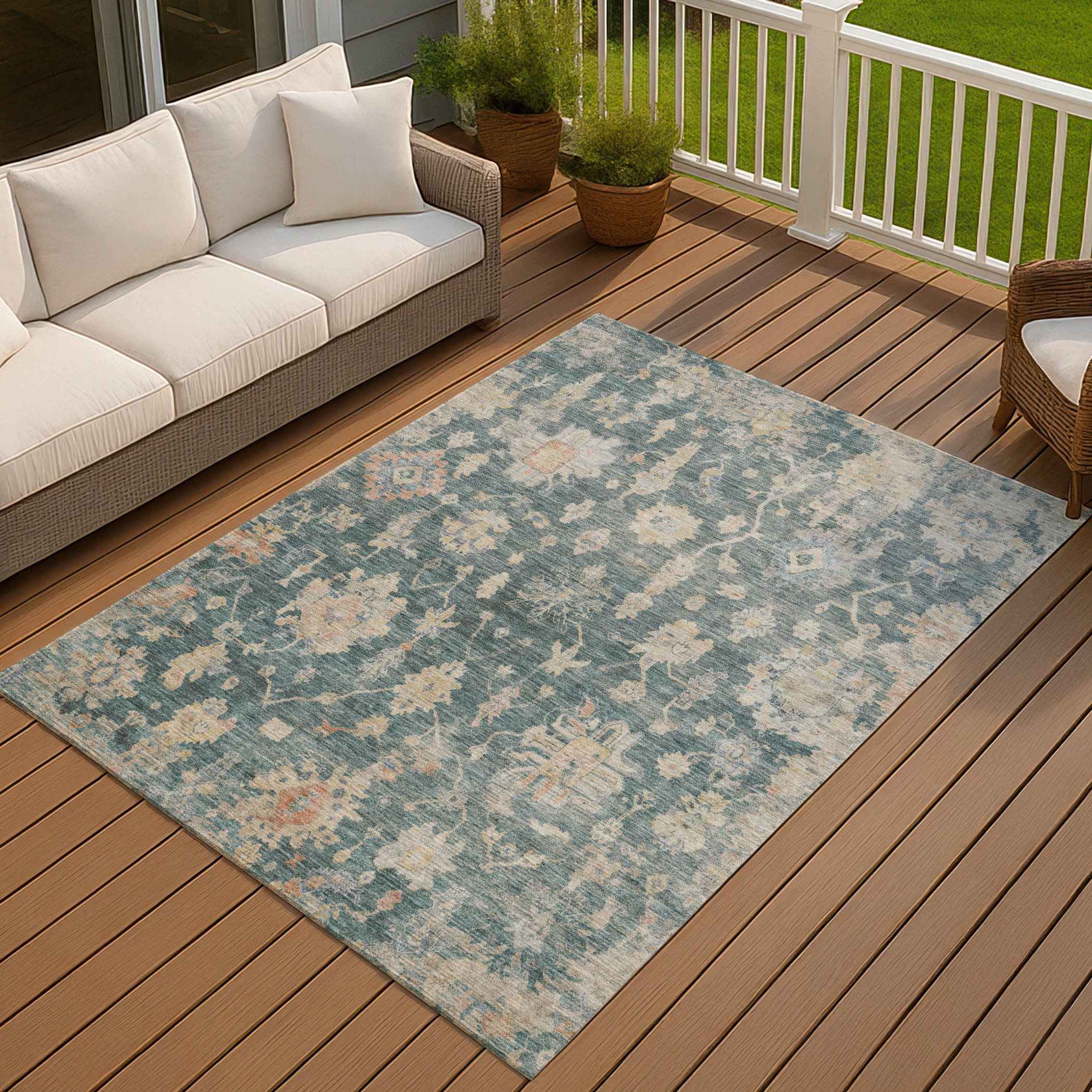 5' X 8' Teal Blue Beige And Gold Floral Washable Indoor Outdoor Area Rug