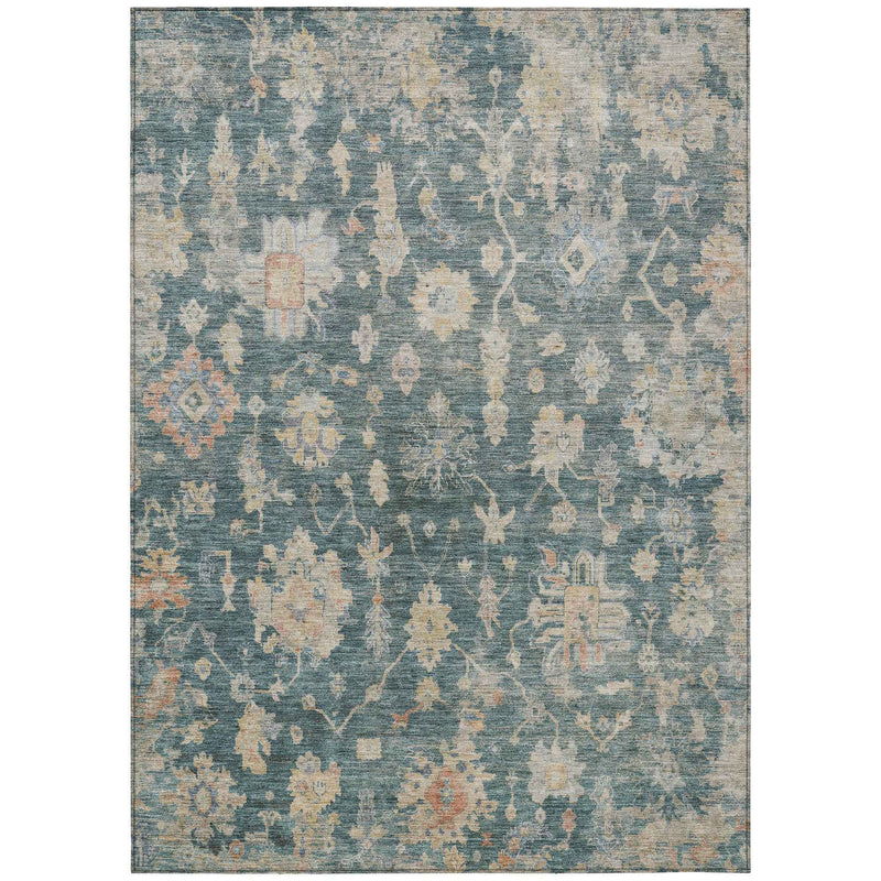 5' X 8' Teal Blue Beige And Gold Floral Washable Indoor Outdoor Area Rug