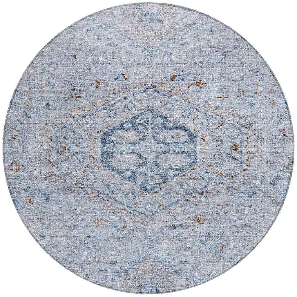 8' Sky Blue And Brown Round Medallion Washable Indoor Outdoor Area Rug