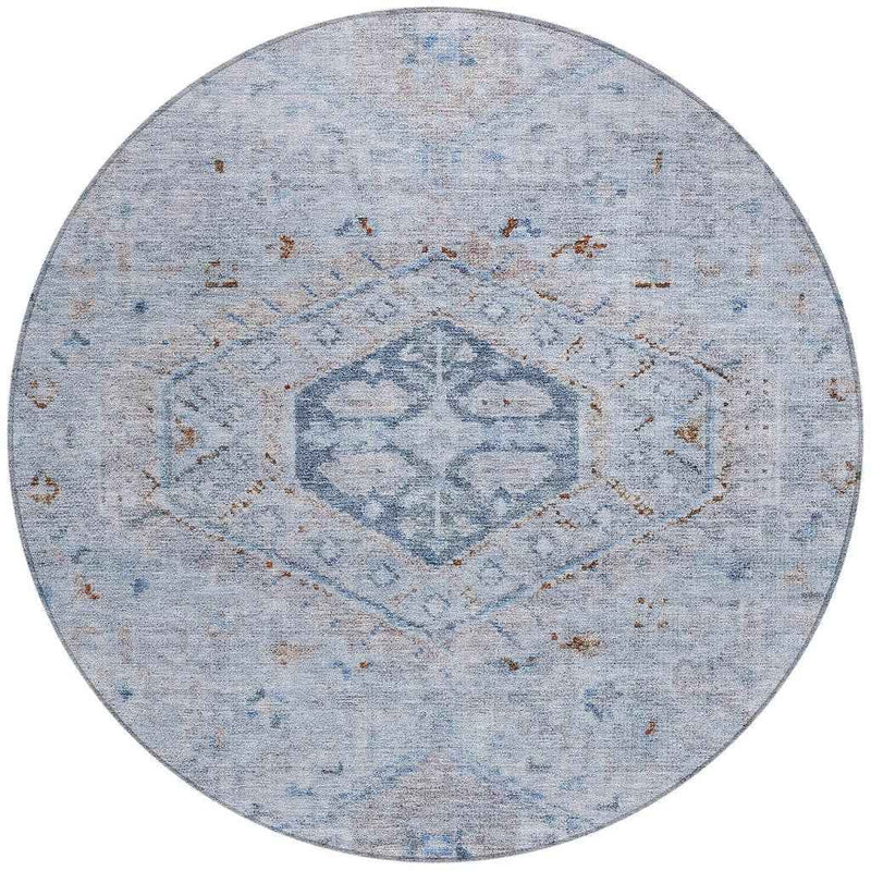 8' Sky Blue And Brown Round Medallion Washable Indoor Outdoor Area Rug