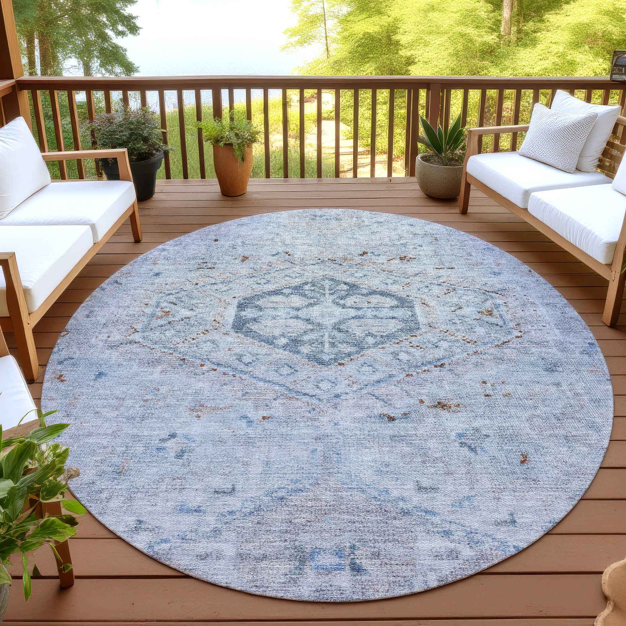 8' Sky Blue And Brown Round Medallion Washable Indoor Outdoor Area Rug