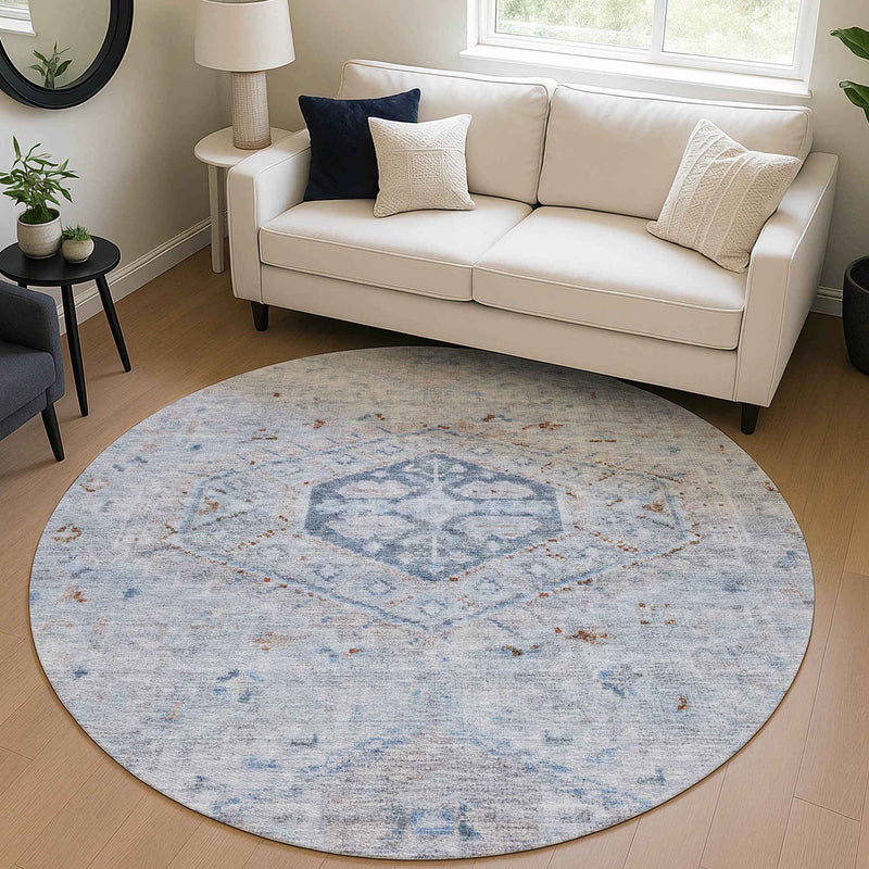8' Sky Blue And Brown Round Medallion Washable Indoor Outdoor Area Rug