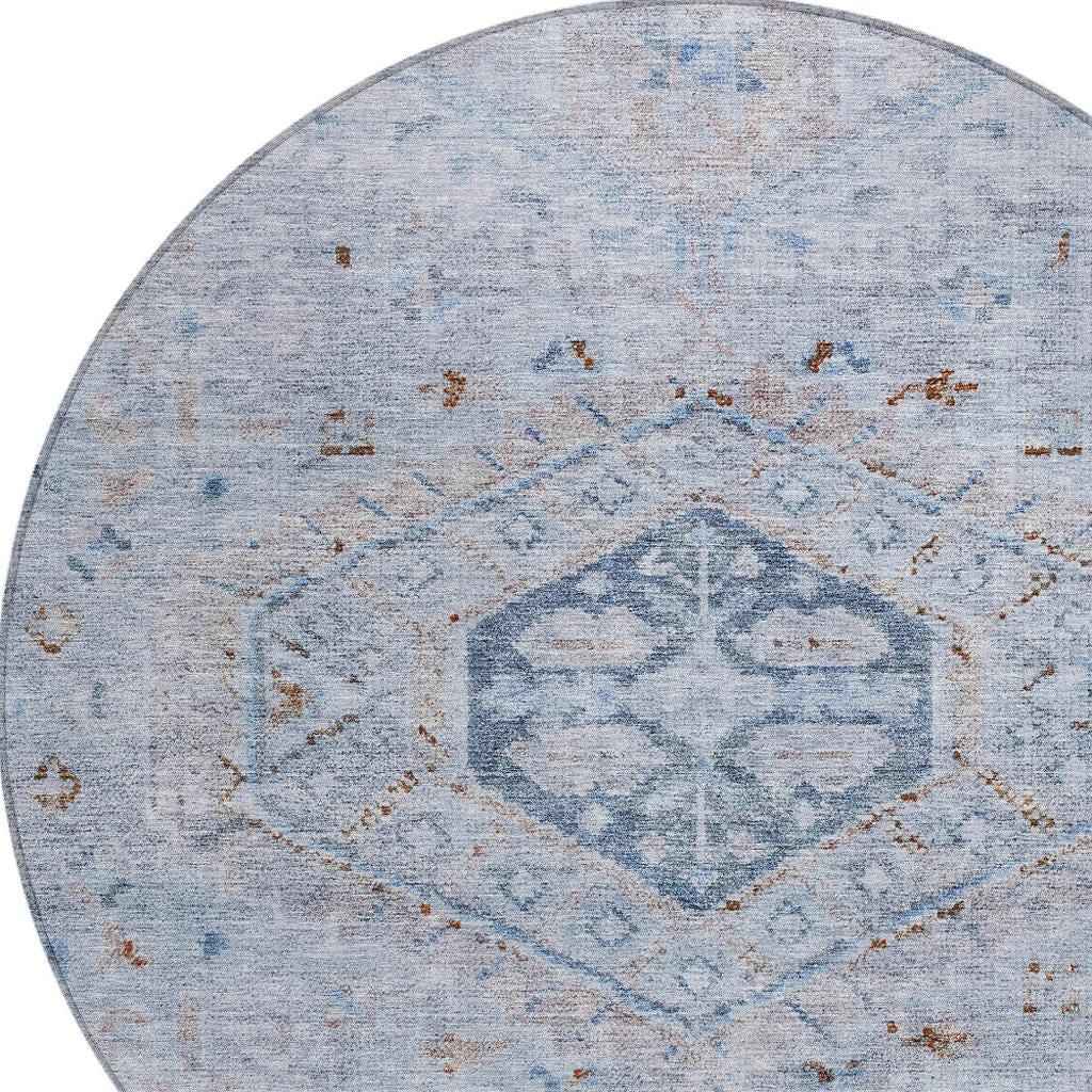 8' Sky Blue And Brown Round Medallion Washable Indoor Outdoor Area Rug
