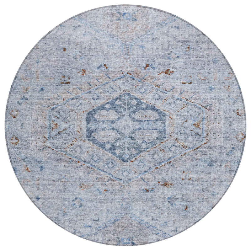 8' Sky Blue And Brown Round Medallion Washable Indoor Outdoor Area Rug