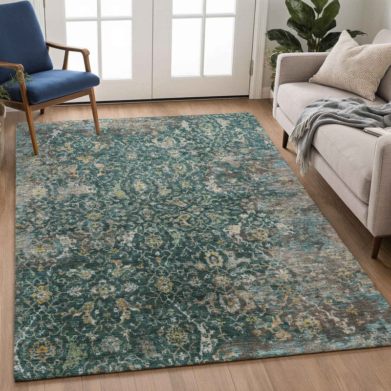 3' X 5' Teal Blue And Gray Damask Washable Indoor Outdoor Area Rug