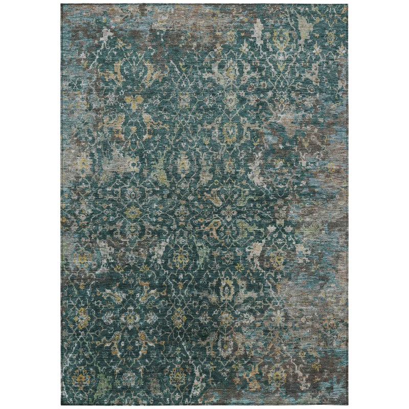 3' X 5' Teal Blue And Gray Damask Washable Indoor Outdoor Area Rug