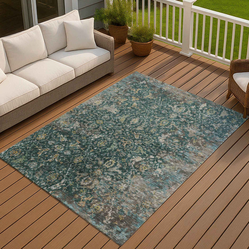 3' X 5' Teal Blue And Gray Damask Washable Indoor Outdoor Area Rug