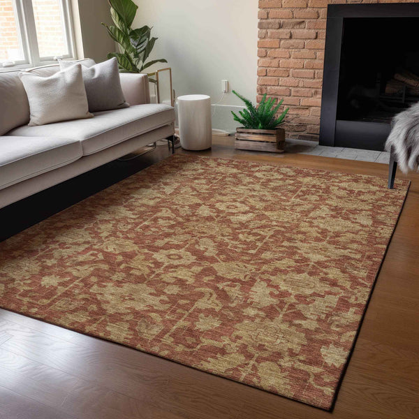 8' X 10' Rust And Beige Floral Washable Indoor Outdoor Area Rug