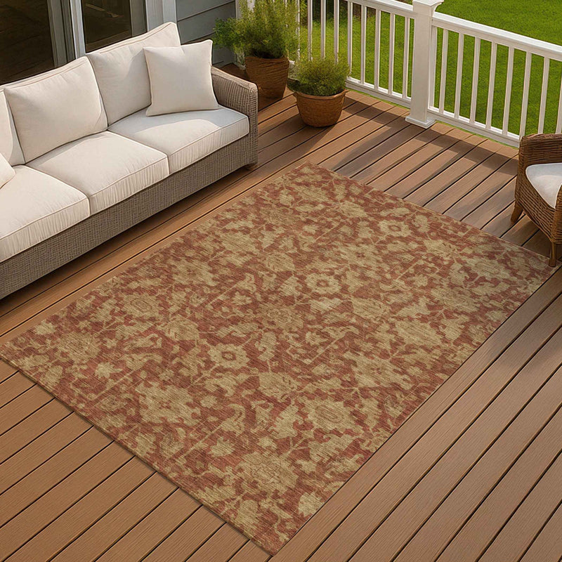 8' X 10' Rust And Beige Floral Washable Indoor Outdoor Area Rug