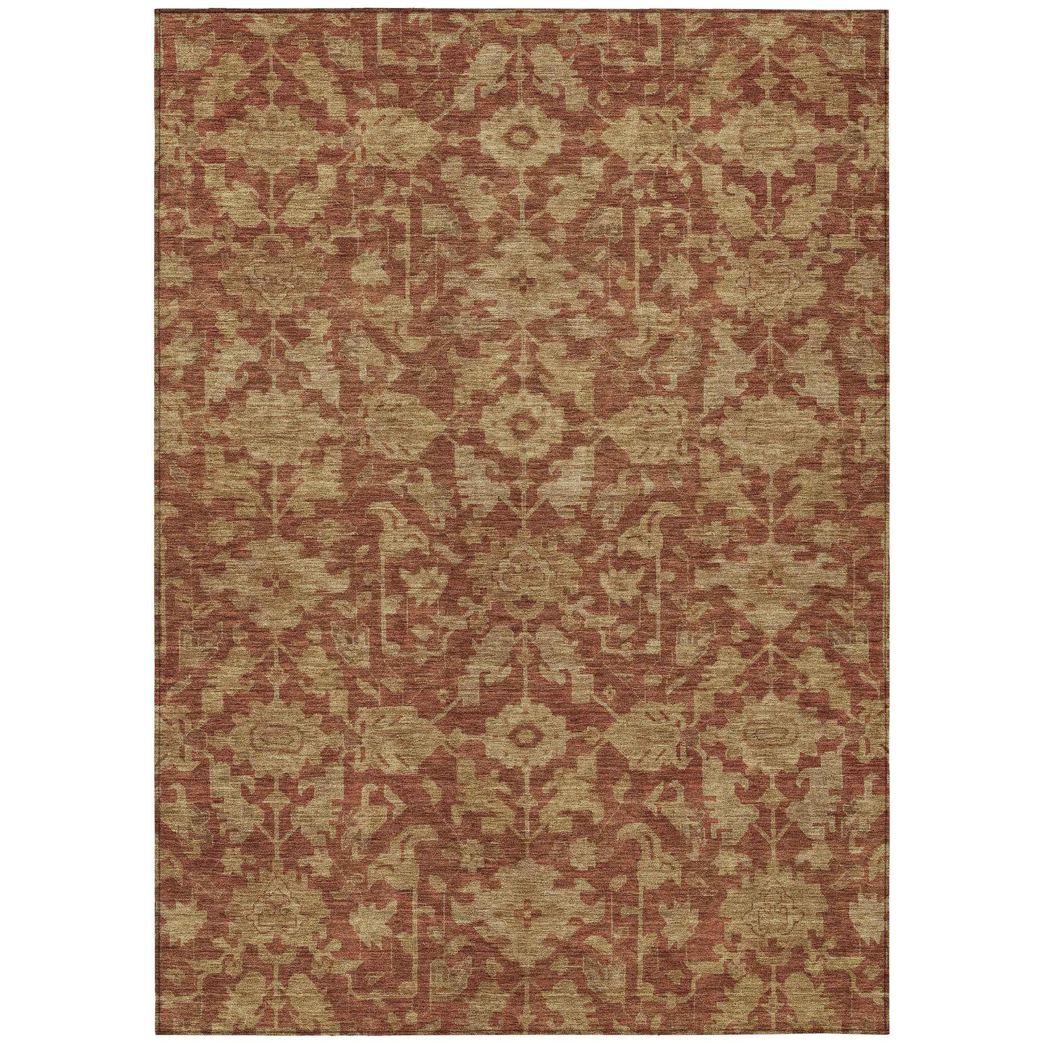 8' X 10' Rust And Beige Floral Washable Indoor Outdoor Area Rug
