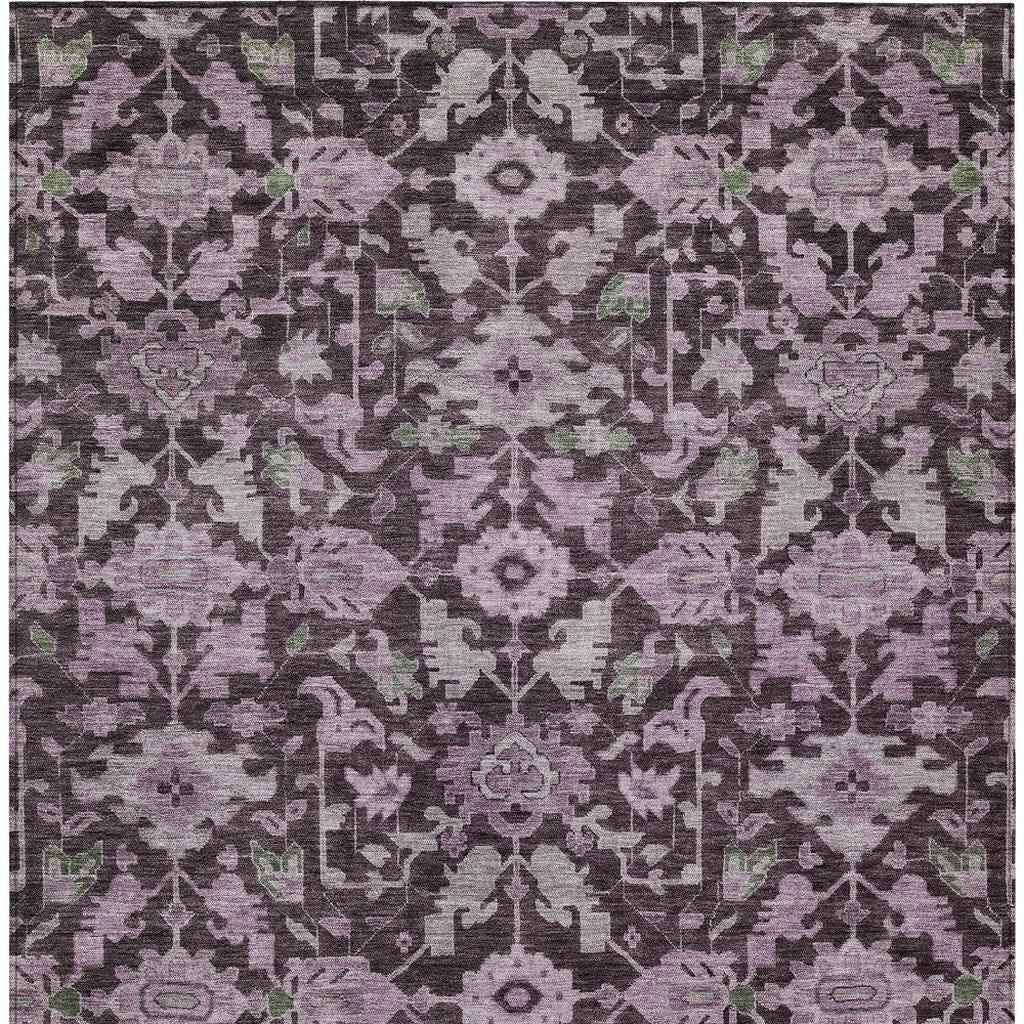 9' X 12' Eggplant And Gray Floral Washable Indoor Outdoor Area Rug