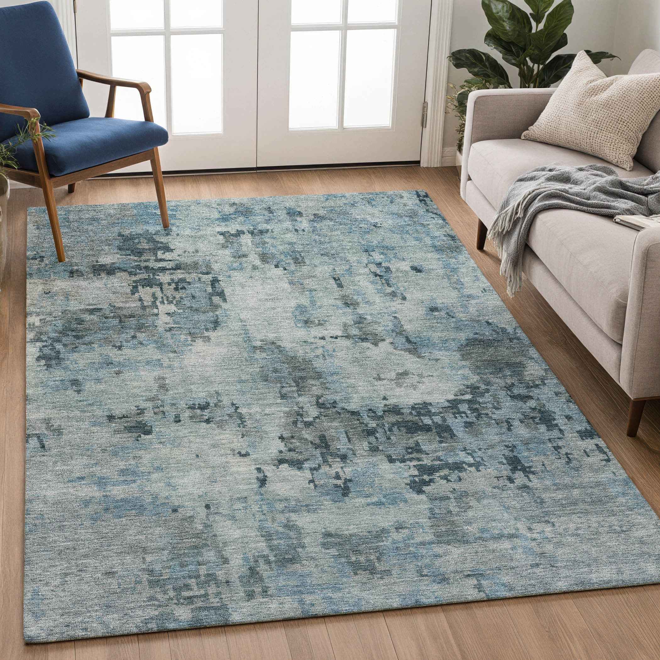 10' X 14' Blue And Gray Abstract Washable Indoor Outdoor Area Rug