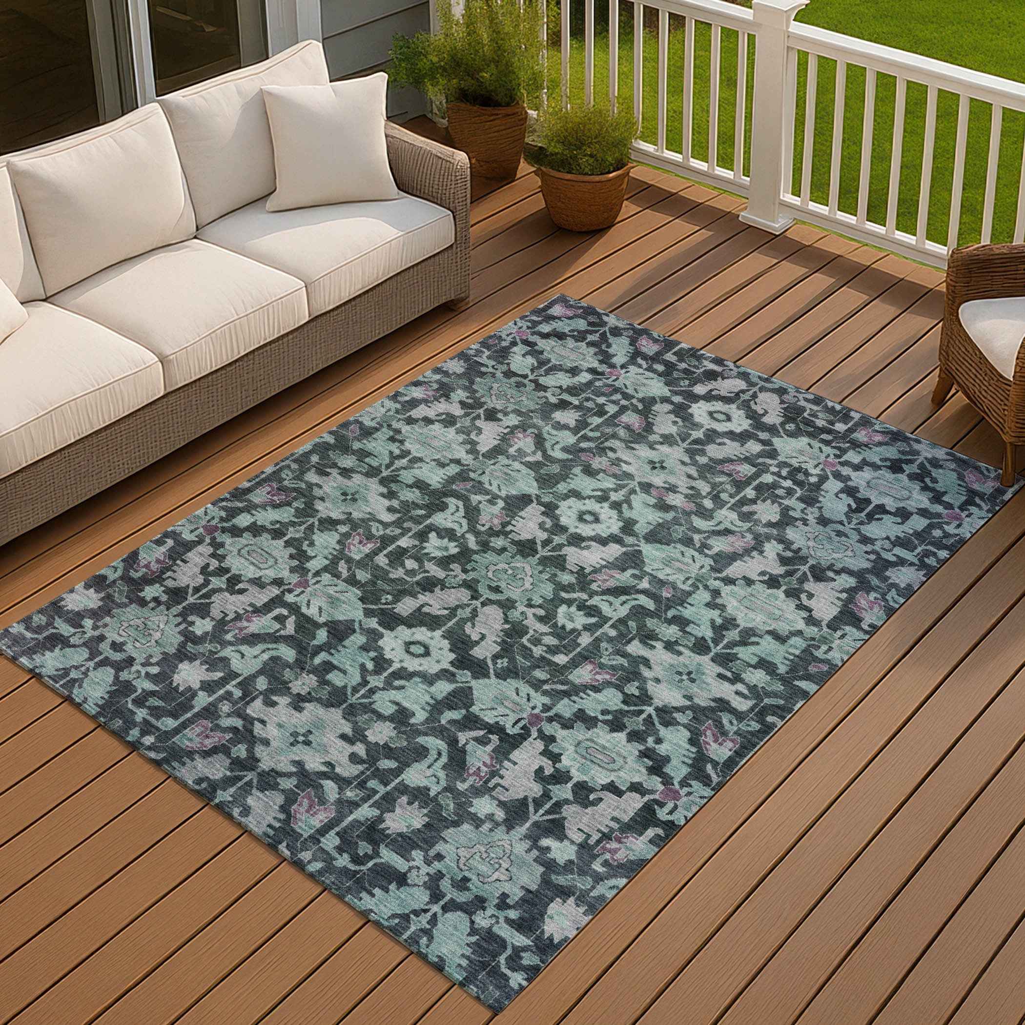 3' X 5' Teal Blue And Plum Floral Washable Indoor Outdoor Area Rug