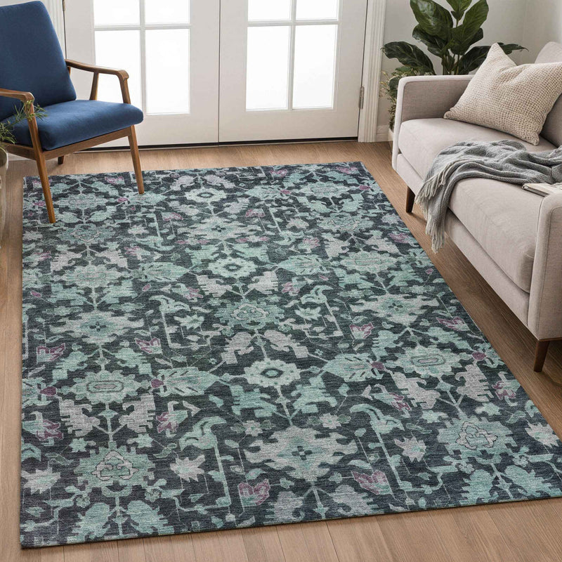 3' X 5' Teal Blue And Plum Floral Washable Indoor Outdoor Area Rug