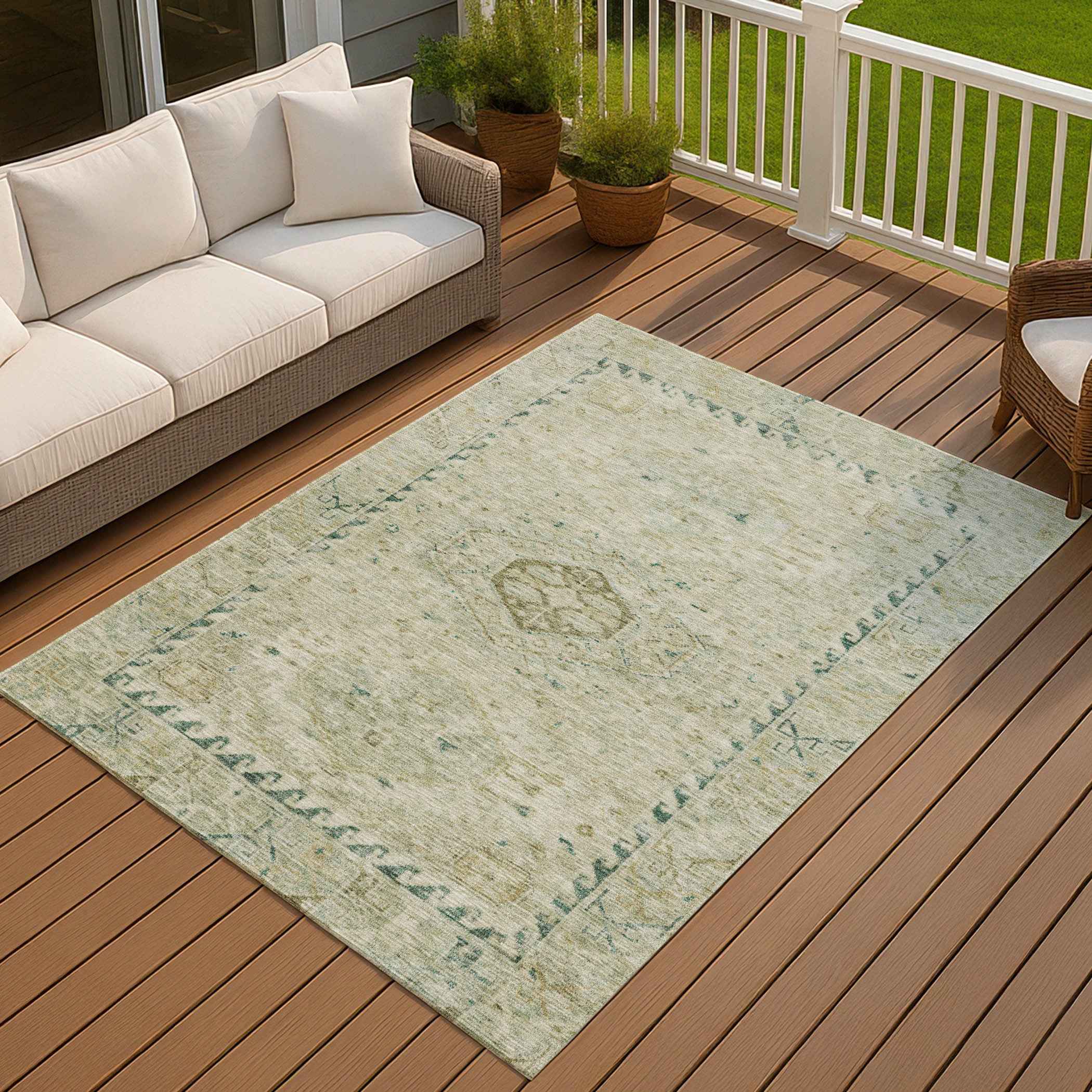 9' X 12' Sage And Gold Medallion Washable Indoor Outdoor Area Rug