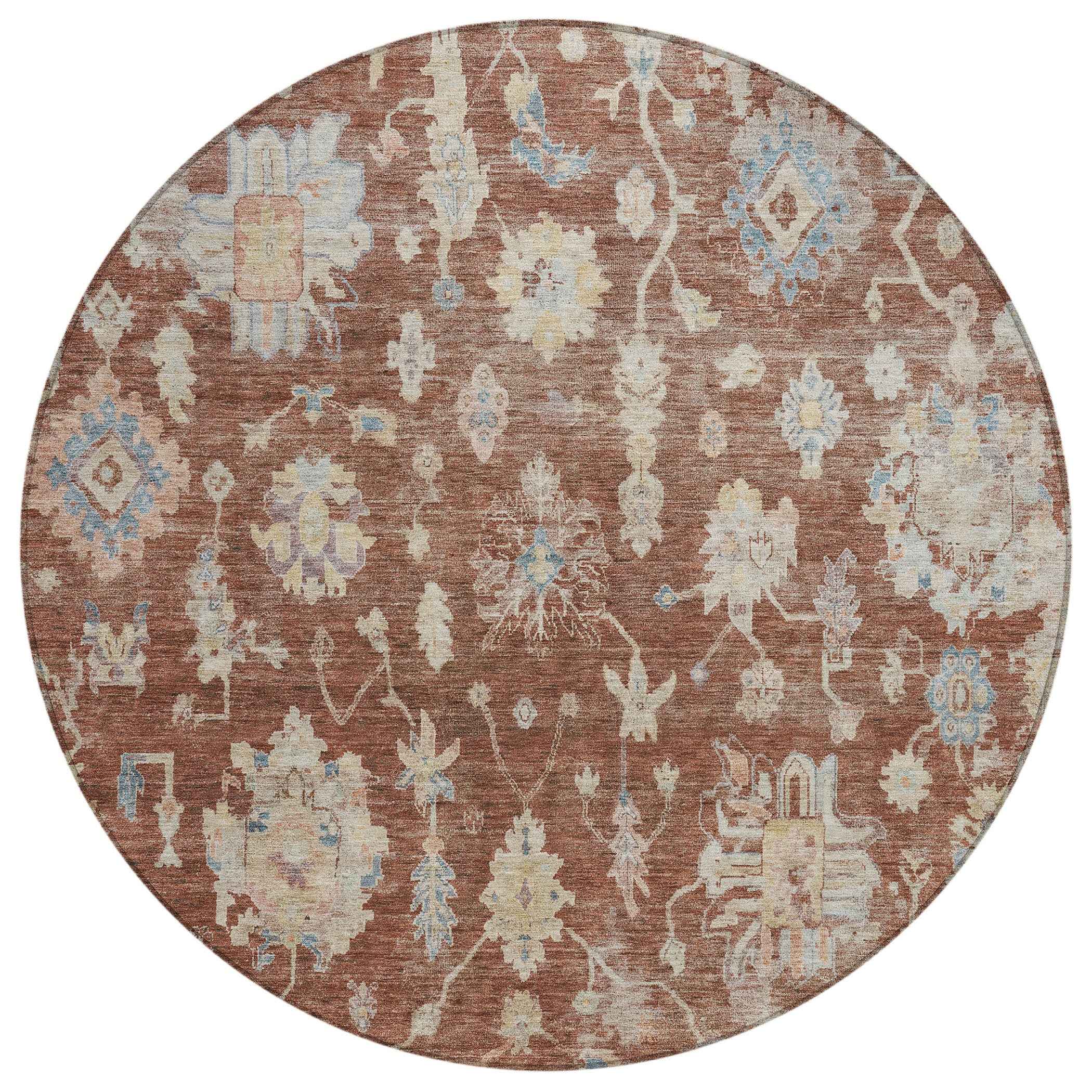 8' Rust Beige And Blue Round Floral Washable Indoor Outdoor Area Rug