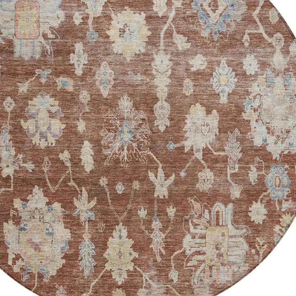 8' Rust Beige And Blue Round Floral Washable Indoor Outdoor Area Rug