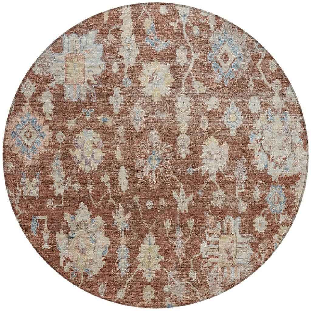 8' Rust Beige And Blue Round Floral Washable Indoor Outdoor Area Rug
