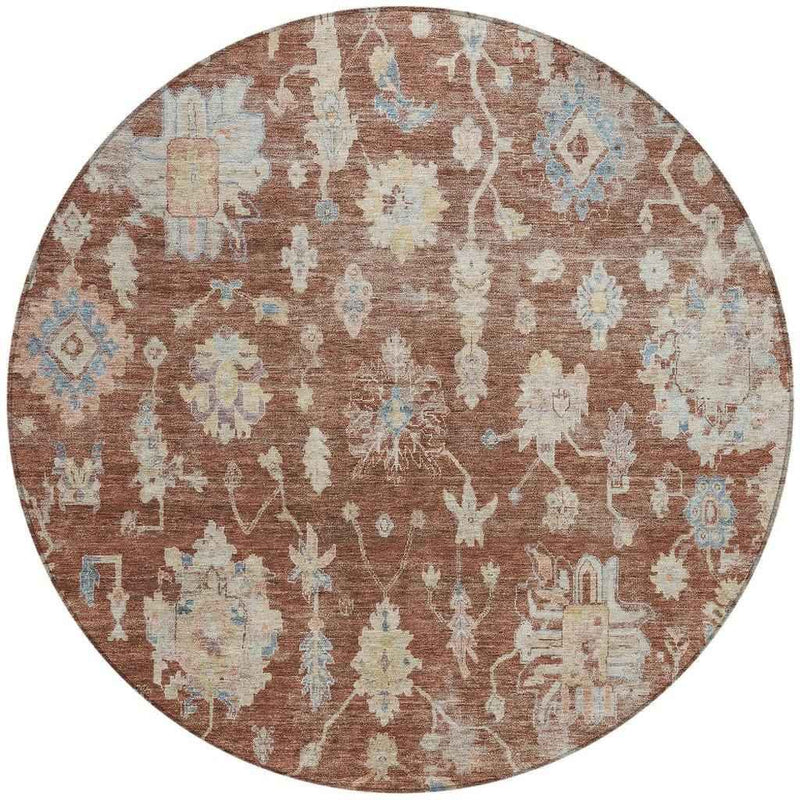 8' Rust Beige And Blue Round Floral Washable Indoor Outdoor Area Rug
