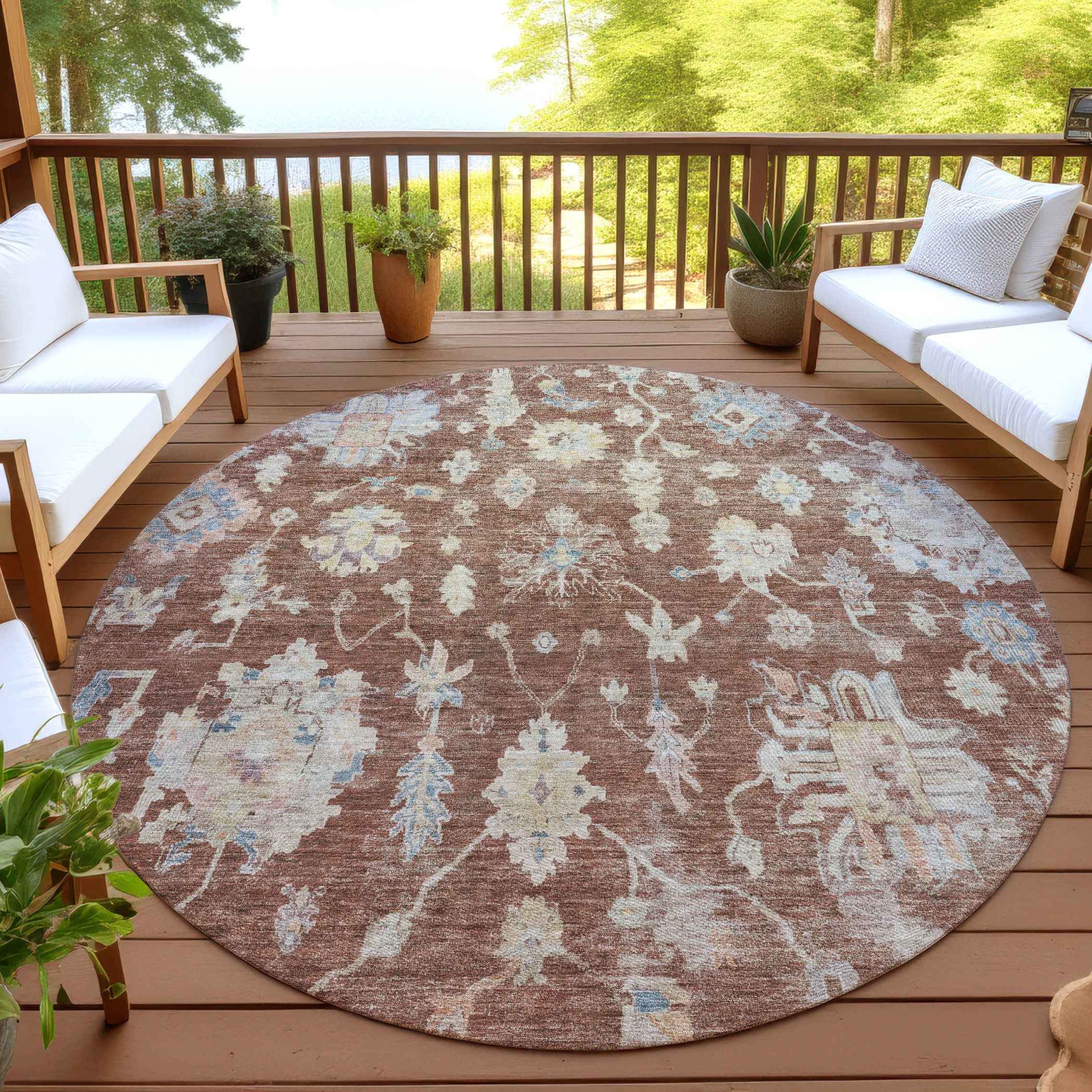 8' Rust Beige And Blue Round Floral Washable Indoor Outdoor Area Rug
