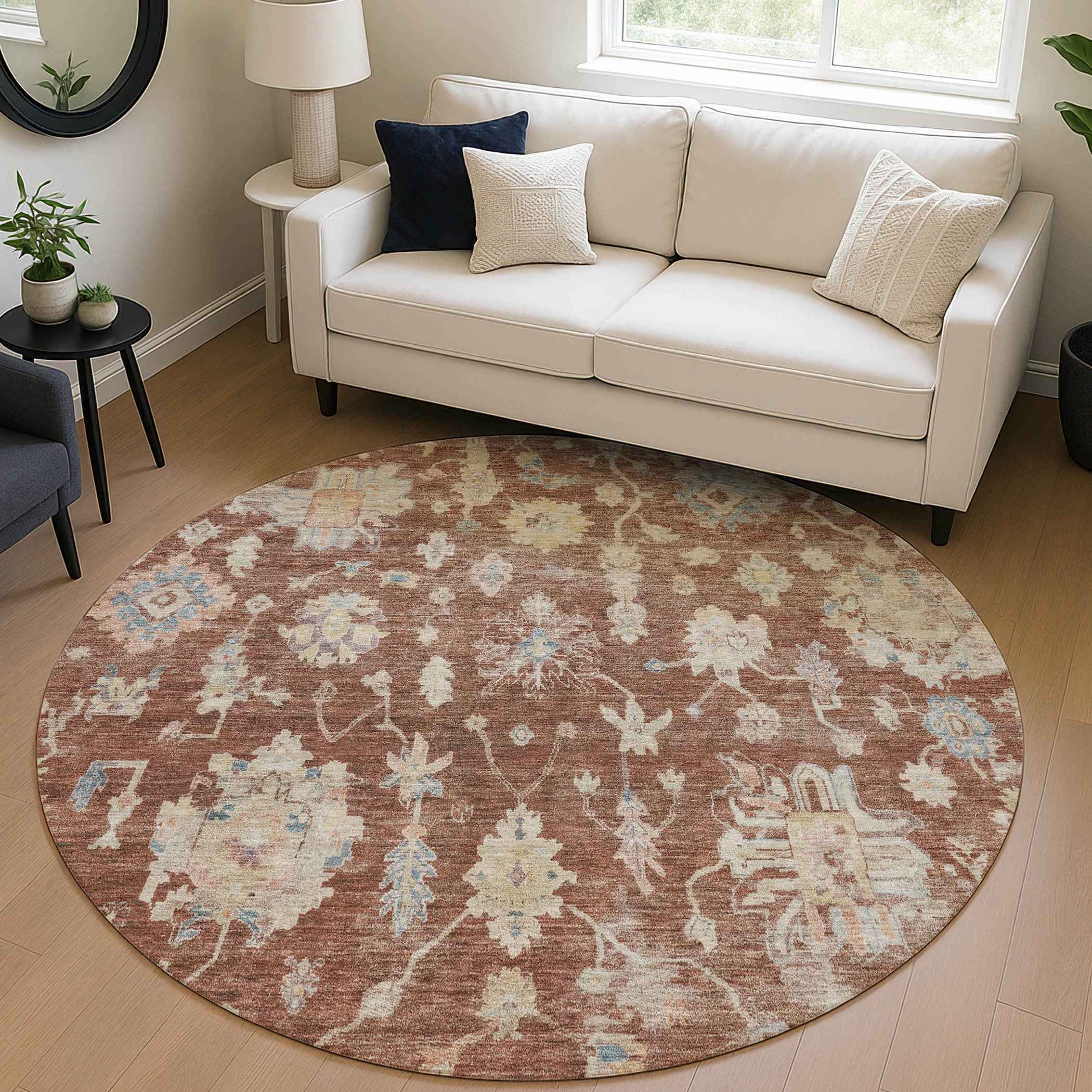 8' Rust Beige And Blue Round Floral Washable Indoor Outdoor Area Rug