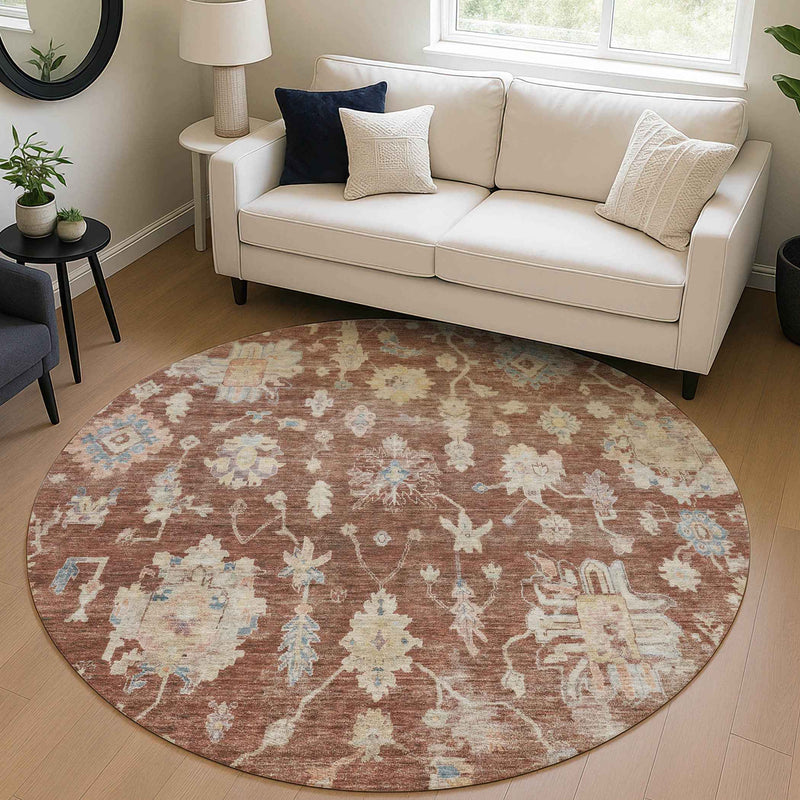 8' Rust Beige And Blue Round Floral Washable Indoor Outdoor Area Rug