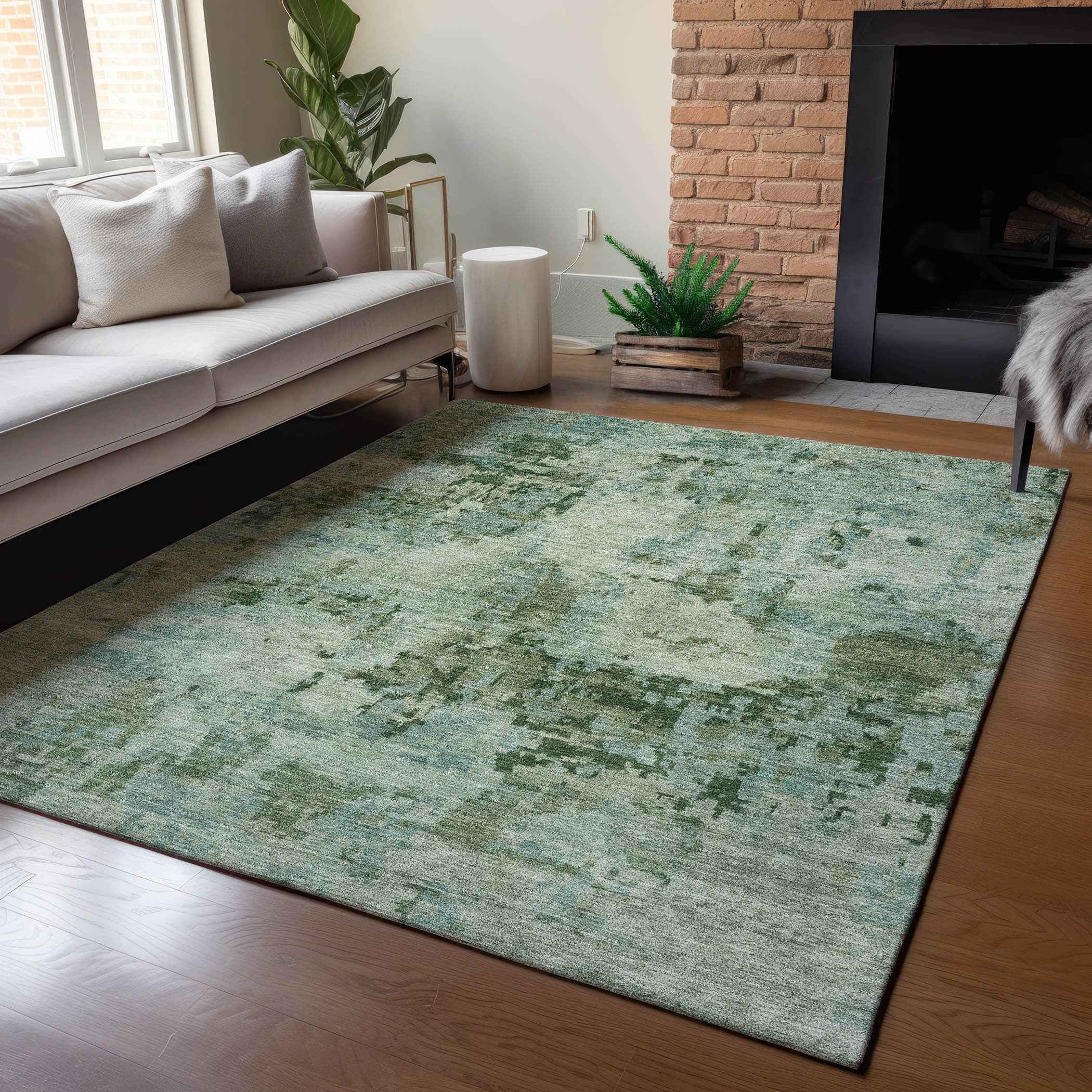 5' X 8' Sage And Teal Blue Abstract Washable Indoor Outdoor Area Rug