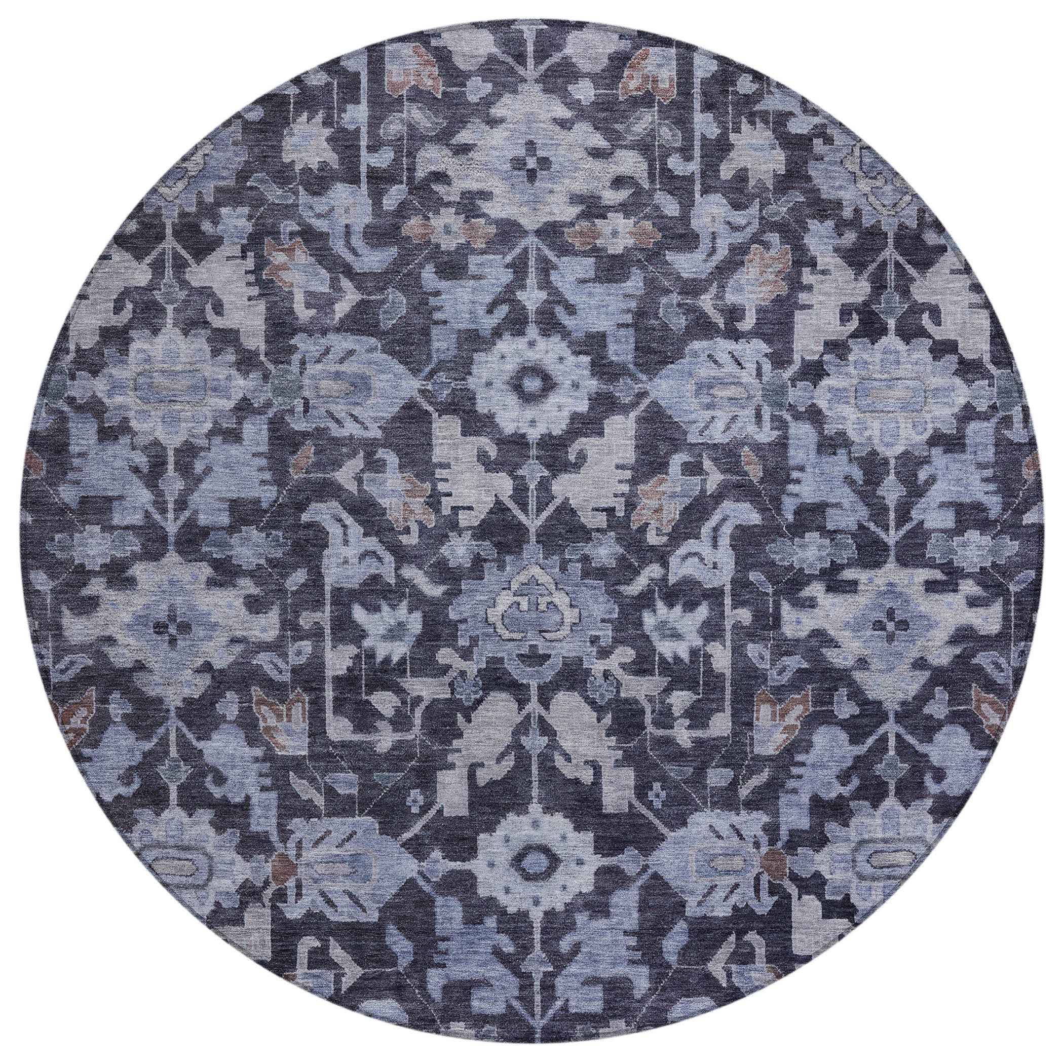 8' Navy Blue And Plum Round Floral Washable Indoor Outdoor Area Rug