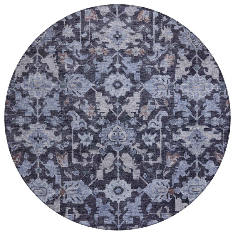 8' Navy Blue And Plum Round Floral Washable Indoor Outdoor Area Rug