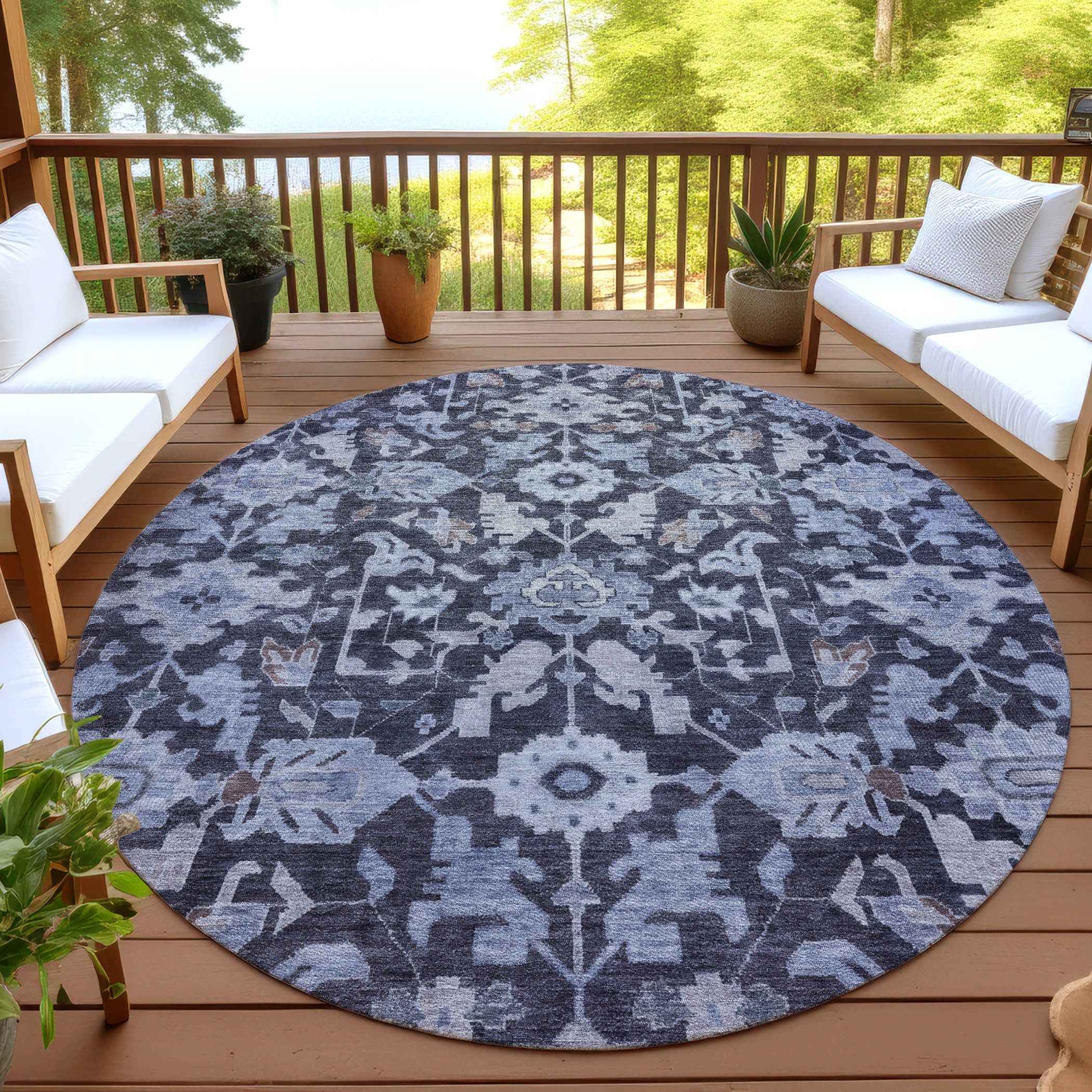 8' Navy Blue And Plum Round Floral Washable Indoor Outdoor Area Rug