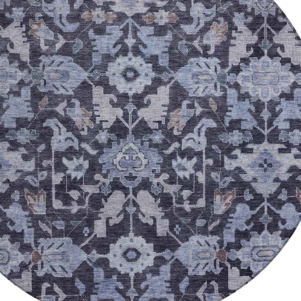 8' Navy Blue And Plum Round Floral Washable Indoor Outdoor Area Rug