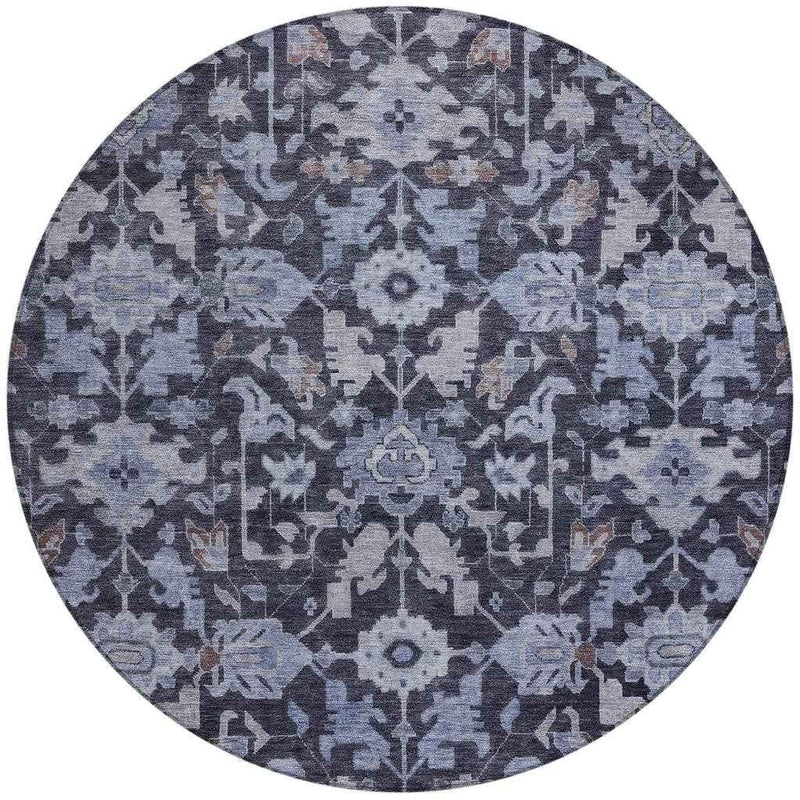 8' Navy Blue And Plum Round Floral Washable Indoor Outdoor Area Rug