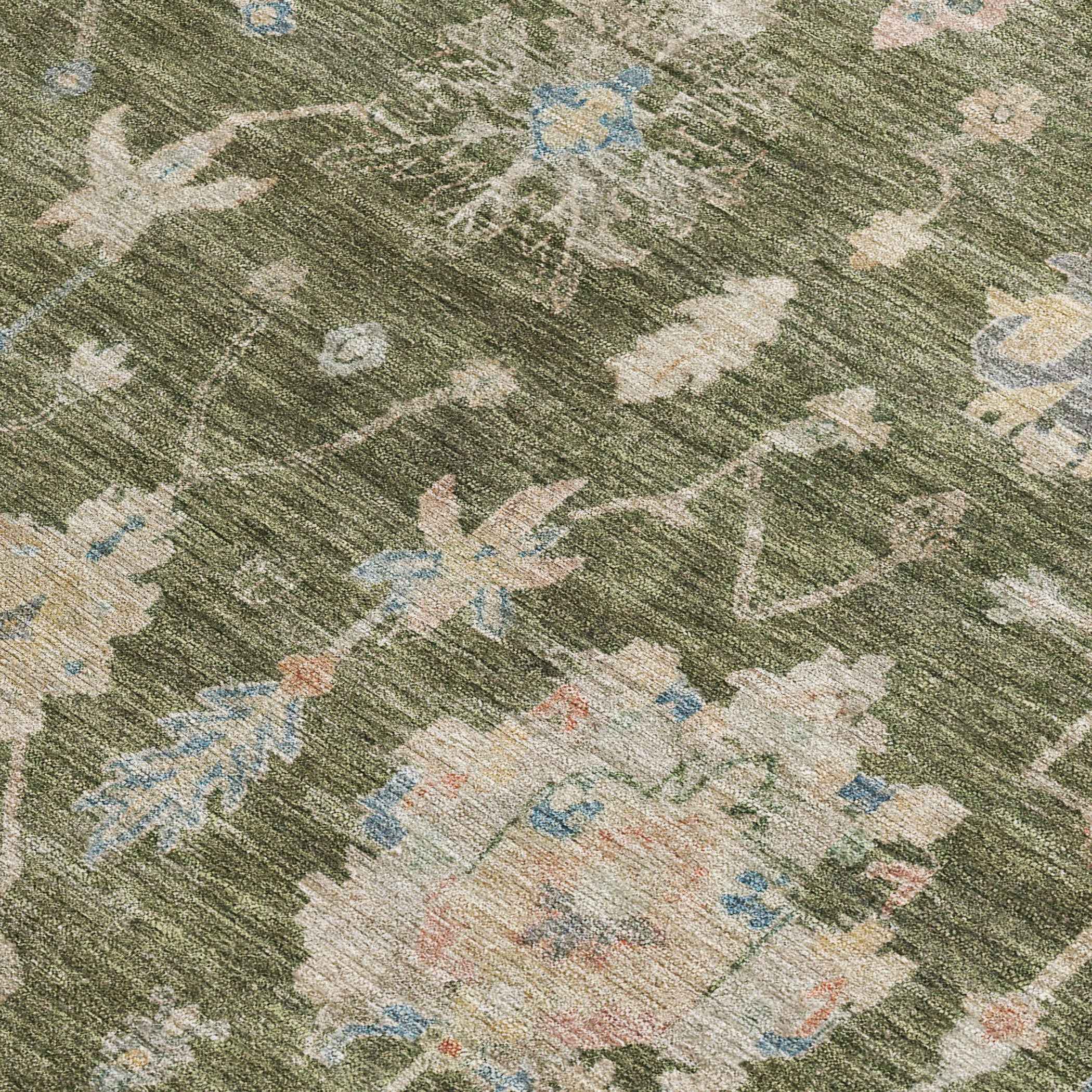 10' X 14' Olive Green Beige And Blue Floral Washable Indoor Outdoor Area Rug