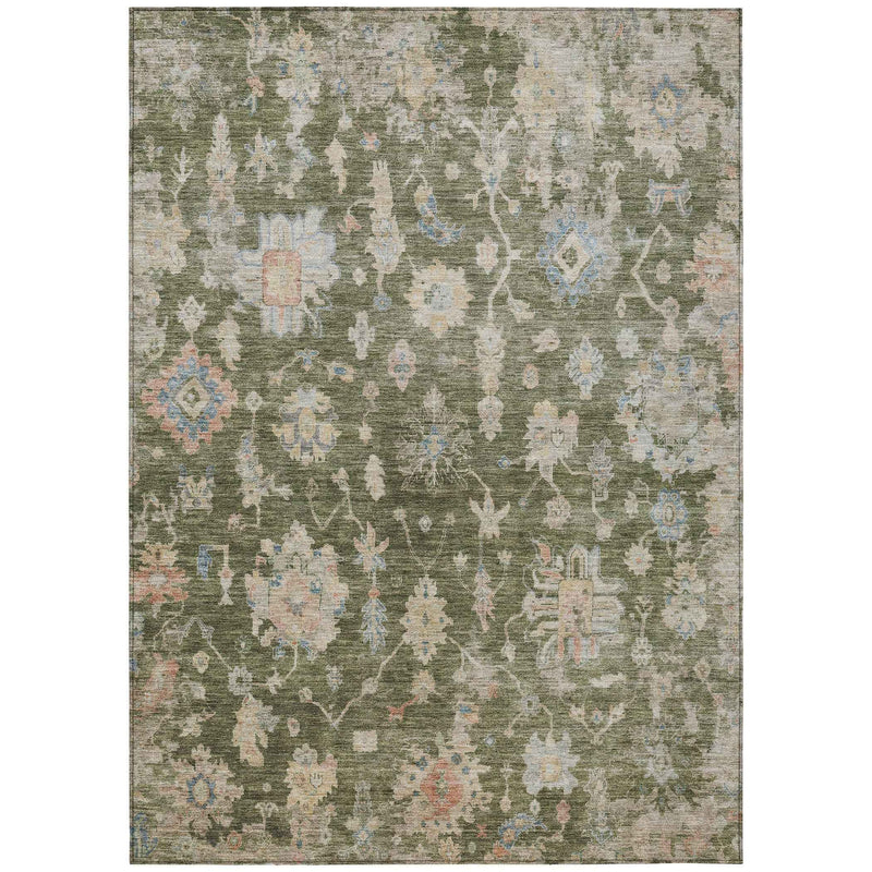 10' X 14' Olive Green Beige And Blue Floral Washable Indoor Outdoor Area Rug